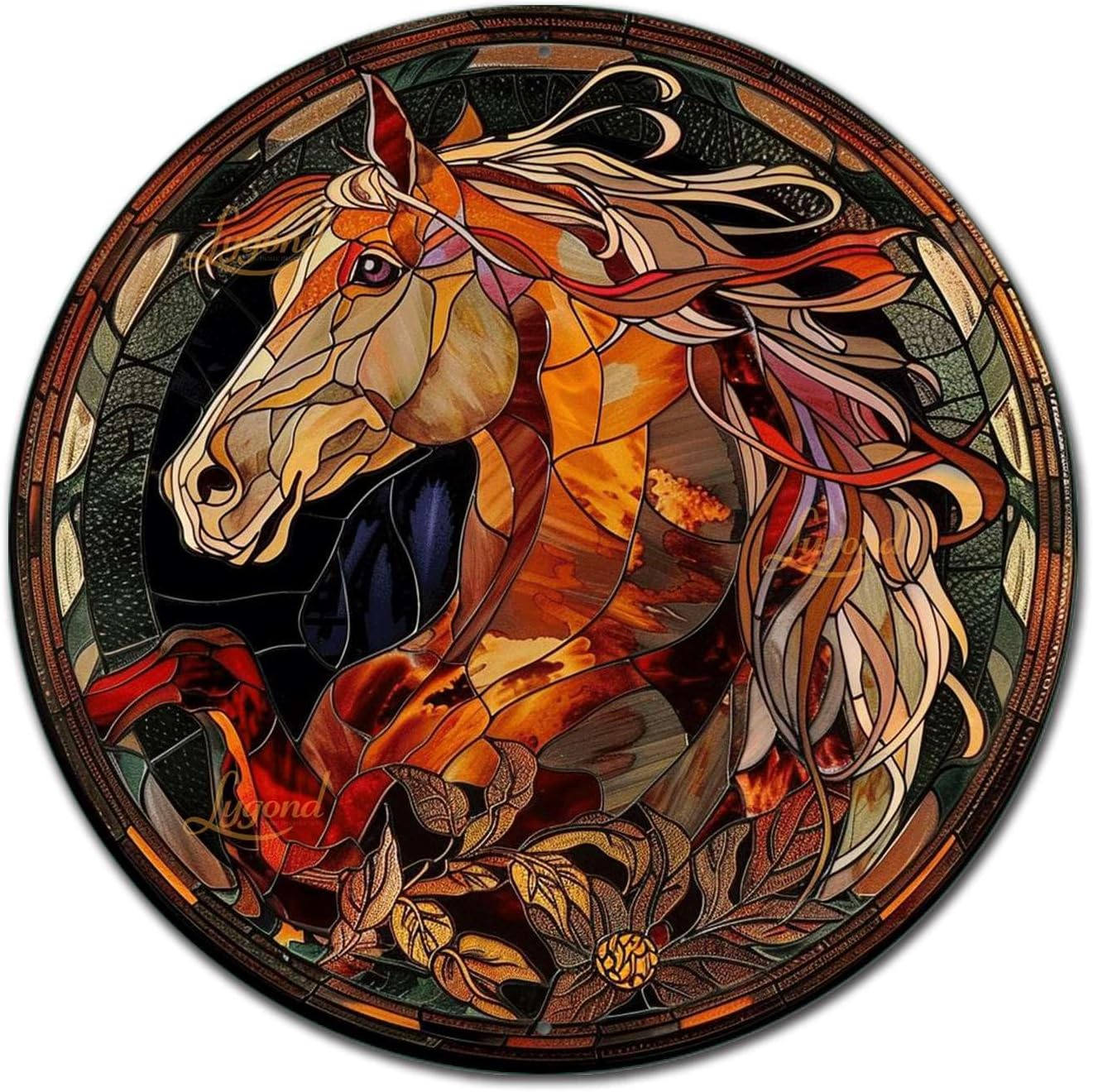 Lygond Metal Sign Tin Sign Circular Stained Glass Horse Metal Signs Vintage for Restaurant 12×12 Inches