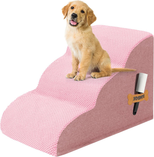 Romrol Dog Stairs Ramp for High Beds Couches, High Density Foam Pet Steps with Durable Non-Slip Waterproof Fabric Cover, Dog Stairs for Small Dogs or Cats or Pets, 3-Step,15 Inch,Pink