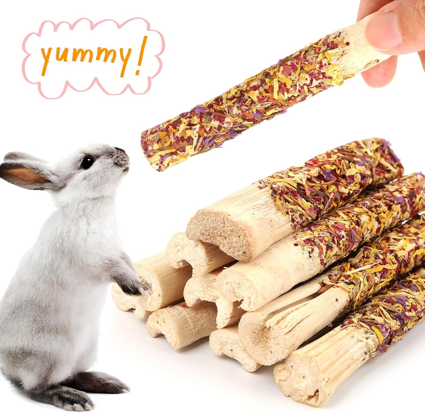 Abizoo Natural Rabbit Chew Toys,10 Sticks Sweet Bamboo Sticks for Rabbits with Petals,Bunny Chew Toys for Guinea Pig,Chinchilla,Hamster Treats Pet Wood Chews Snack Healthy Small Animals Toys for Teeth