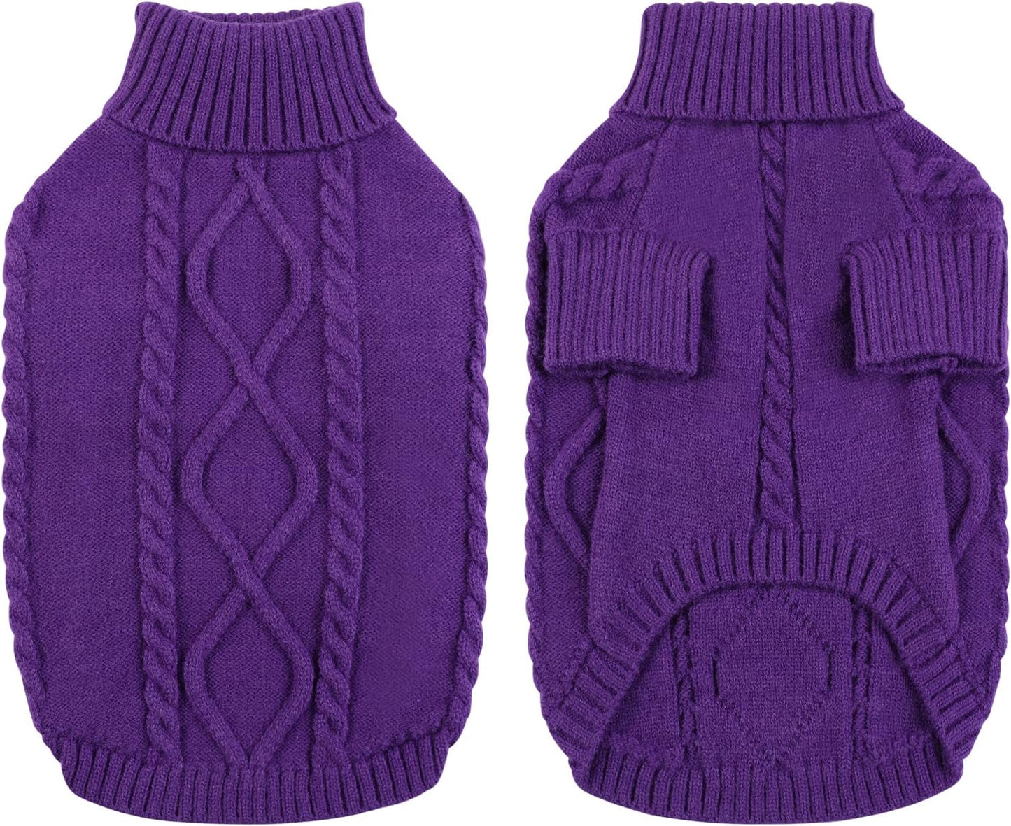 Queenmore Small Dog Pullover Sweater, Cold Weather Cable Knitwear, Classic Turtleneck Thick Warm Clothes for Chihuahua, Bulldog, Dachshund, Pug (Purple, Large)