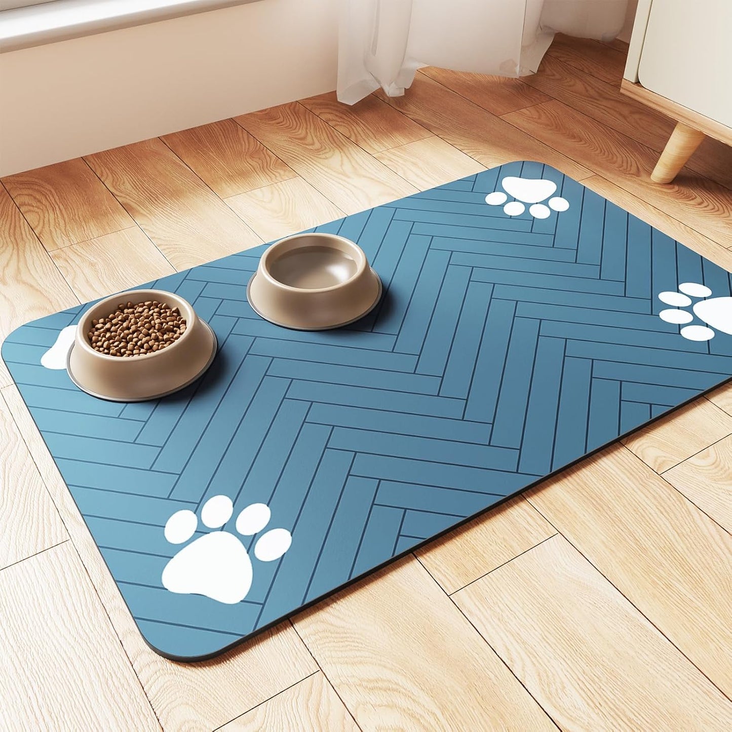 Pet Feeding Mat-Absorbent Pet Placemat for Food and Water Bowl, with Waterproof Rubber Backing, Quick Dry Water Dispenser Mat for Dog and Cat (16"x24", Blue)