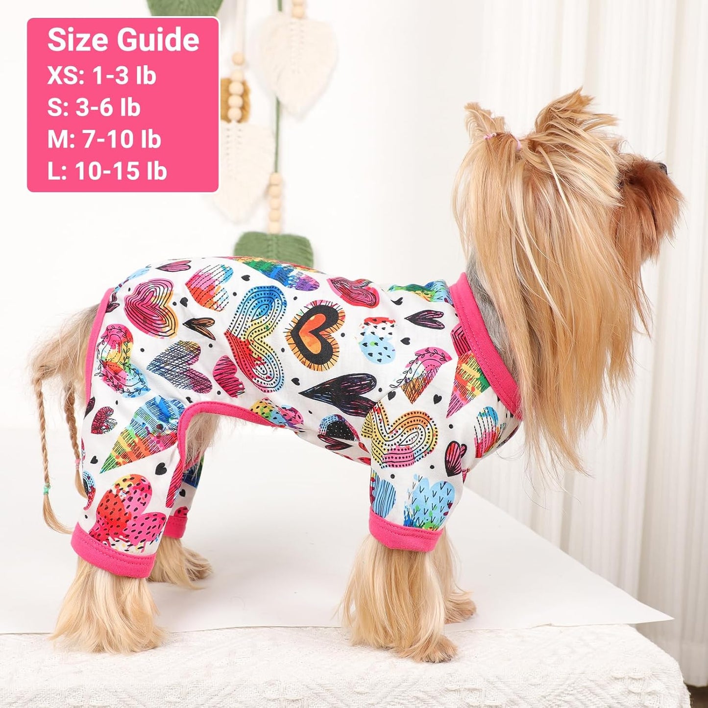 Dog Pajamas Small Sized Dogs Stretchable Summer Dog Clothes Pjs 4 Legs Girl Boy Cute Soft Puppy Outfits Doggie Cat Jammies Jumpsuit Sleeper for Pet (Love Heart, Medium)