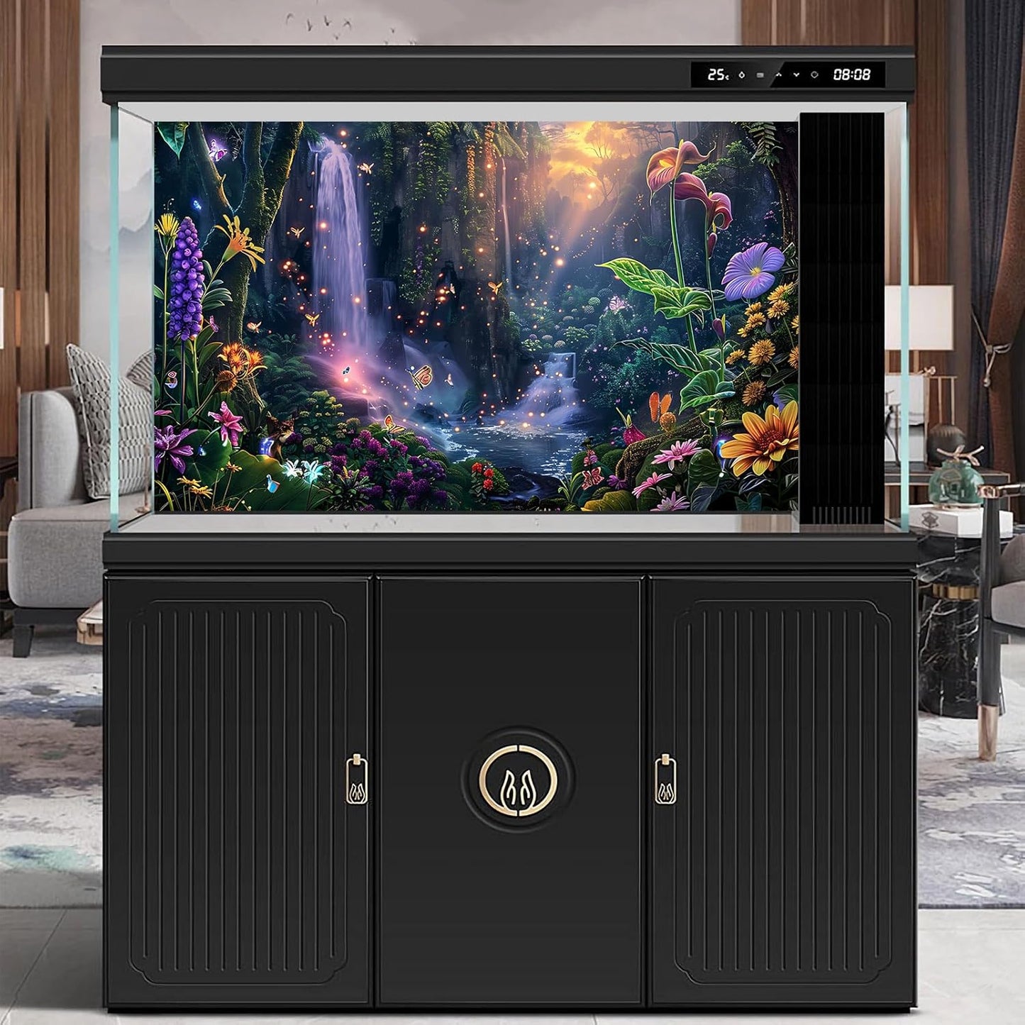 Fantasy Garden Aquarium Background Sunset Waterfall and Flowers Terrarium Backdrop Tropical Forest Lush Plant Magic Butterfly Lights Flowers Fish Tank Background Poster Decorations 48x24in