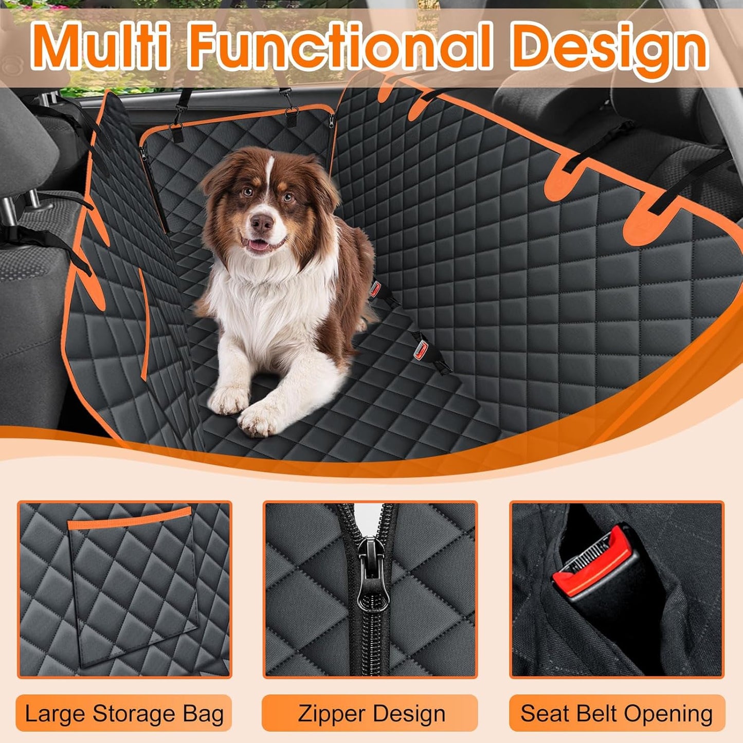 Dog Car Seat Cover, Durable Waterproof Scratch Proof Nonslip Dog Hammock, Back Seat Covers with Pocket for Cars SUVs and Trucks - S, Black/Orange