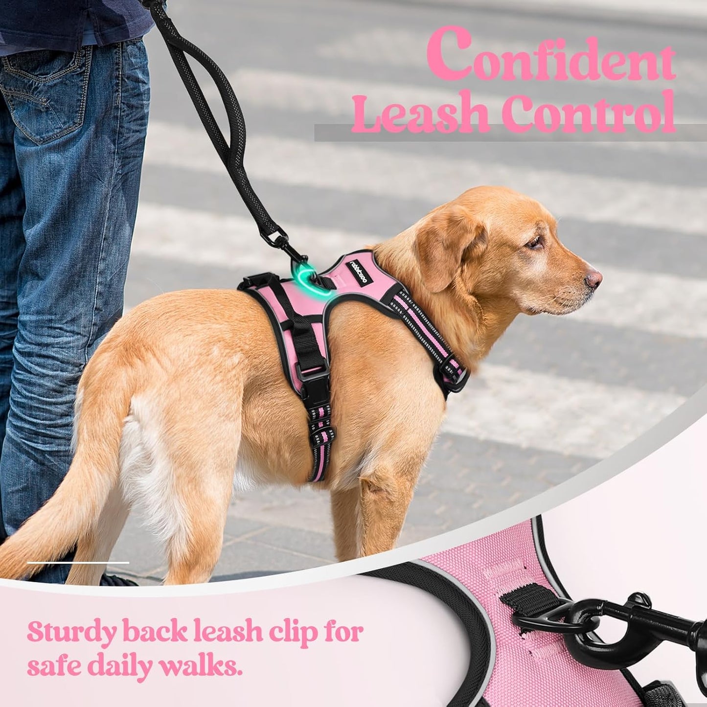 rabbitgoo Dog Harness No Pull with 2 Leash Clips, Adjustable Soft Padded, Reflective Oxford No Choke Pet Vest with Easy Control Handle for Large Dogs, Pink, XL