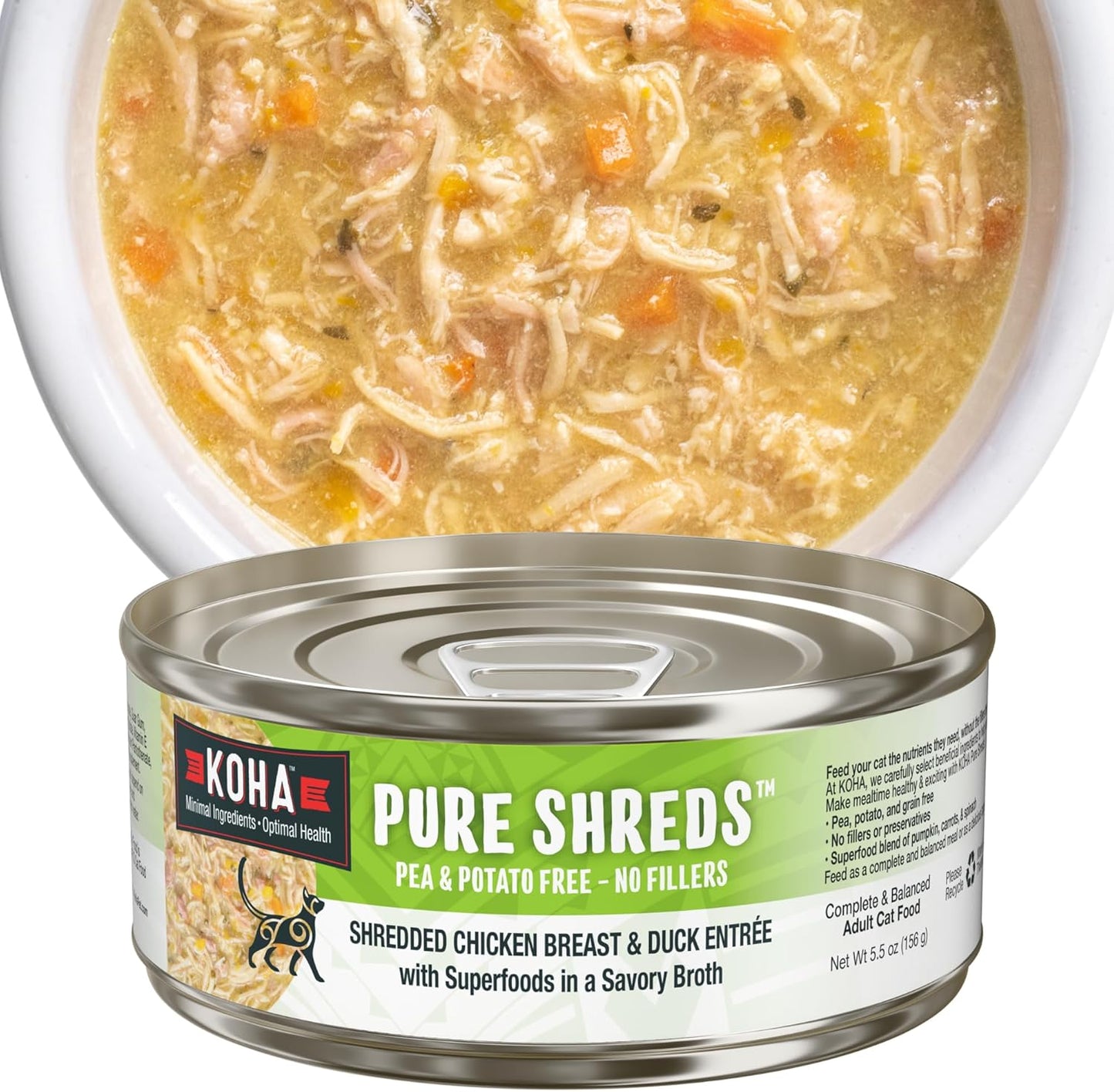 KOHA Pure Shreds Chicken and Duck Entrée for Cats, High Protein Wet Cat Food, 5.5oz Cans (Pack of 12)
