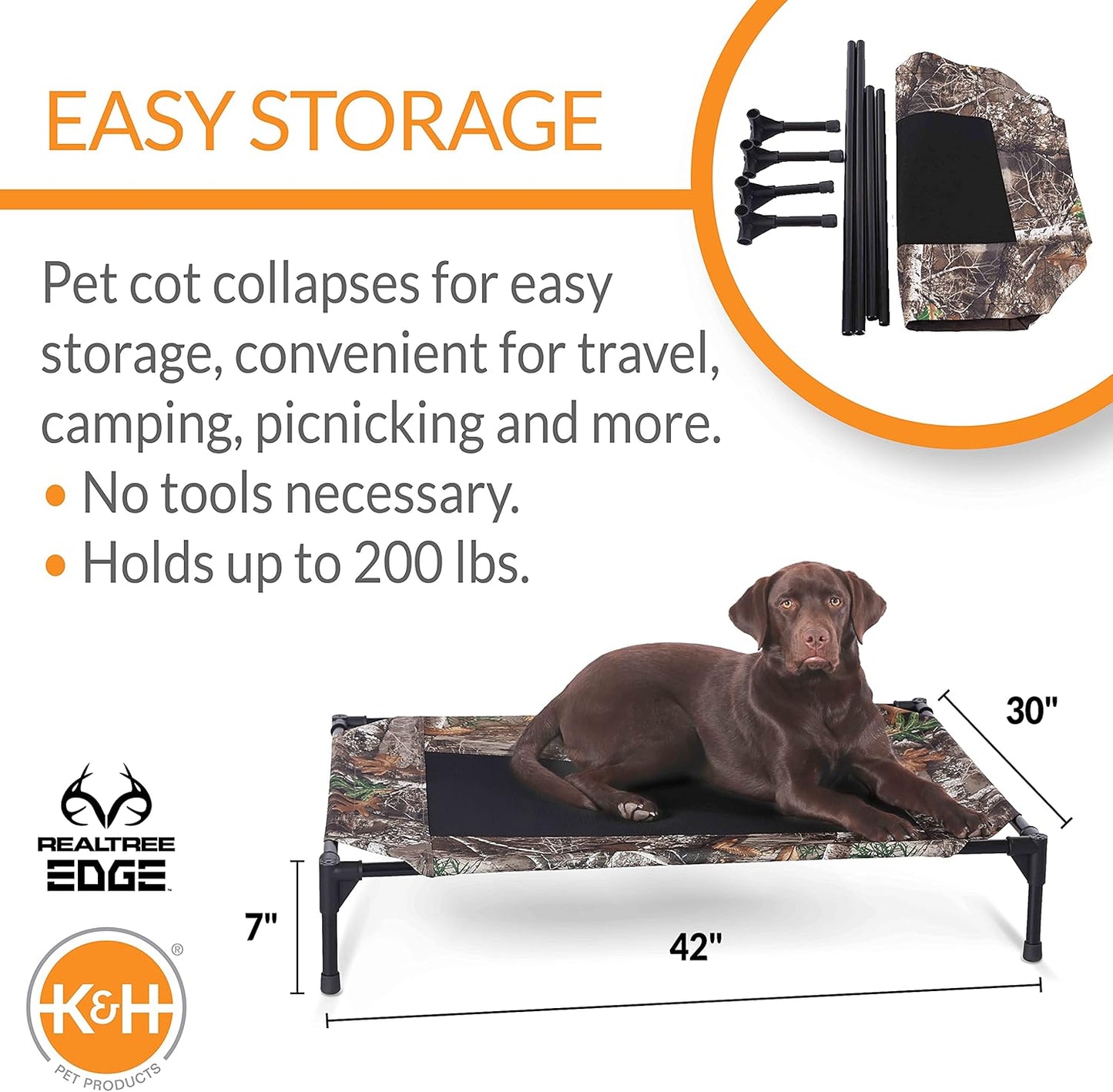K&H Pet Products Outdoor Elevated Dog Cot, Breathable Cooling Elevated Cot Hammock Pet Bed for Large Dogs, Washable Mesh Cover, Raised Metal Frame, Collapsible, Portable - Large 42 X 30in Camo