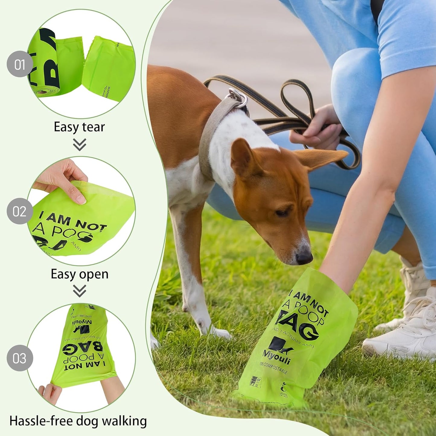 100% Certified Compostable Dog Poop Bag Rolls, 120 Bags (8 Rolls) Eco-Friendly Poop Bags for Dogs, Leak Proof Unscented Easy Open Poop Waste Bag（Green）