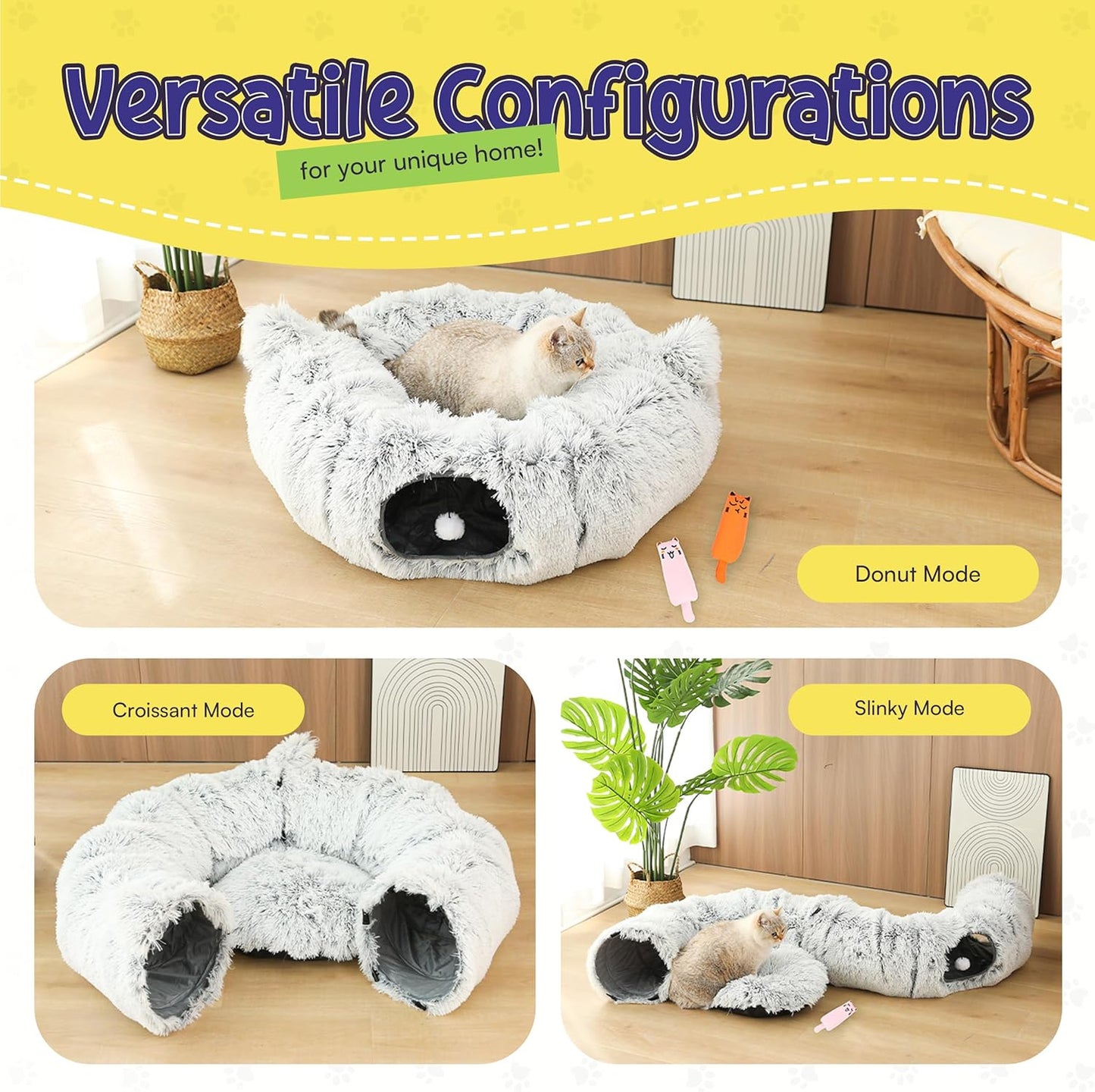Cat Tunnel Bed Cave with Catnip Toys - Peekaboo Cat Hideaway & Cat Donut Tunnel - 3-in-1 Cat Tunnels for Indoor Cats - Foldable Cute Cat Bed - 32" Washable