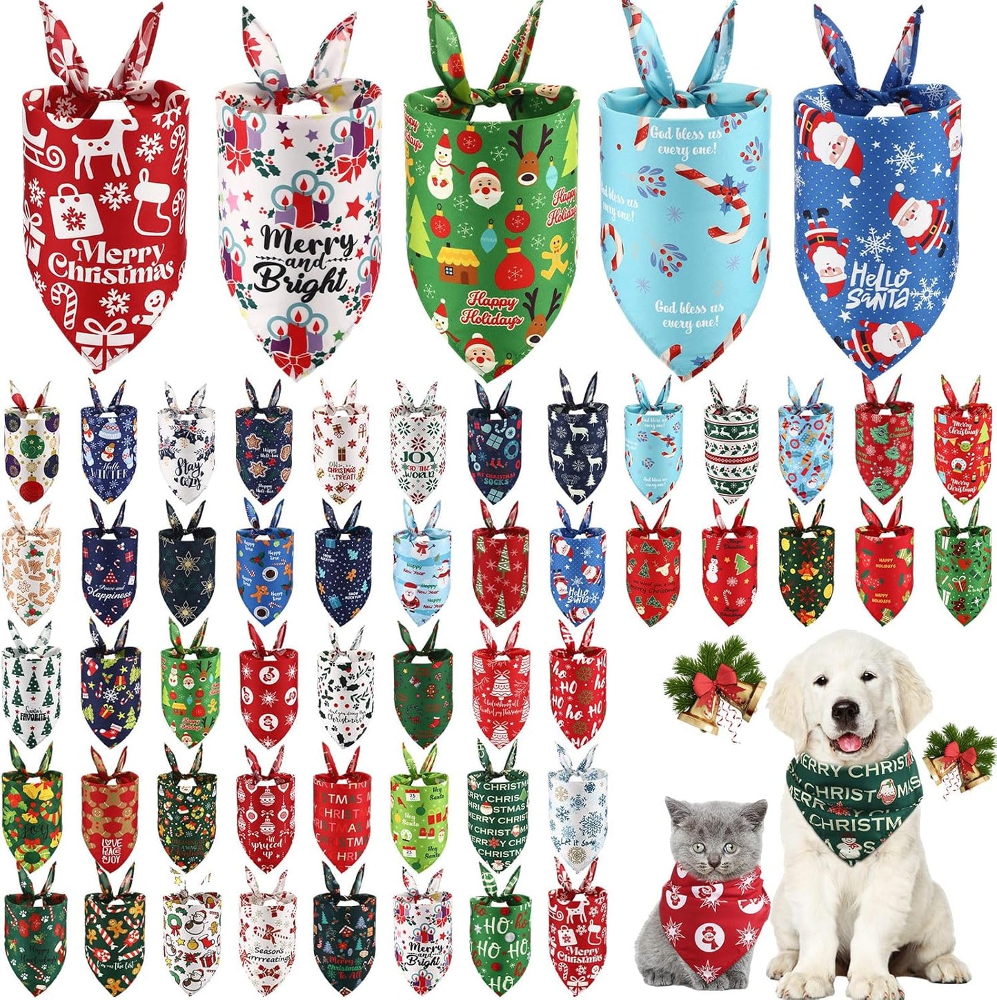 Abbylike 50 Pcs Christmas Dog Bandanas Bulk Pet Scarfs Triangle Bibs Adjustable Washable Puppy Kerchief Seasonal Pet Costume Accessories Grooming Supplies for Small Medium Large Dogs Cats