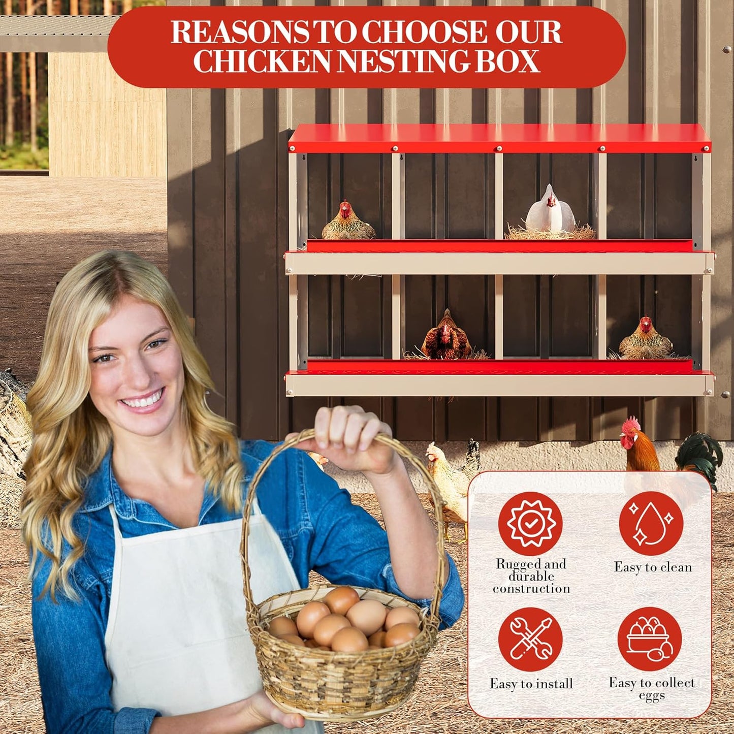 8 Hole Chicken Nesting Box with Roll Out Egg Tray, Rustproof & Ventilated Chicken Laying Boxes for Hens, Chickens, Ducks | Easy-Clean Poultry Coop Accessories