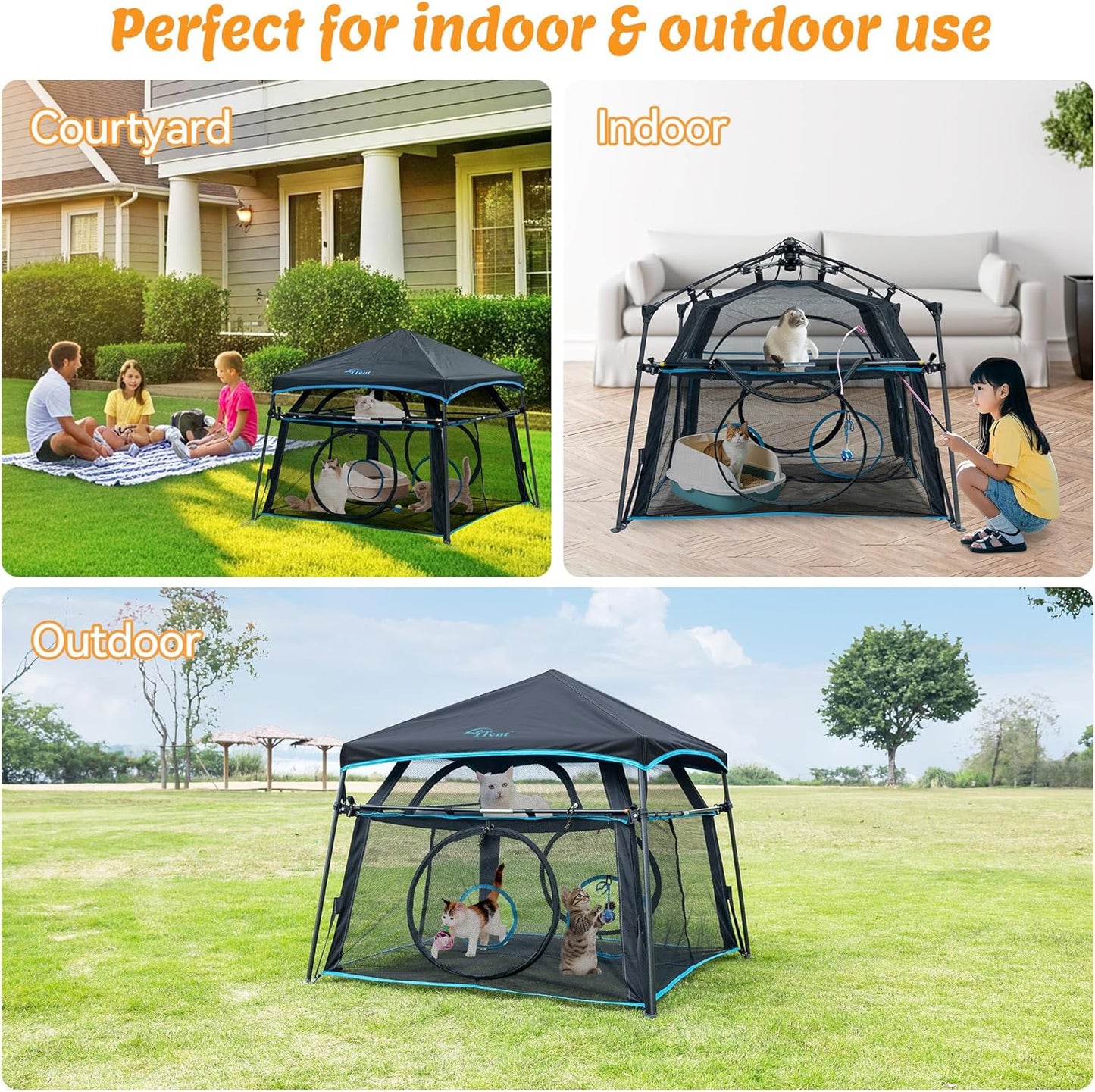 Cat Enclosure and Cat Tower Tent with Two Styles of canopiesfor Indoor and Outdoor,X-Large Outdoor Catio, Cat Tent,Portable and Foldable,Two Doors Design can Assemble More Shapes (Patented)