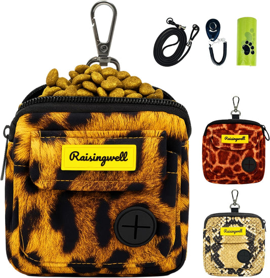 Dog Treat Pouch for Pet Walking and Training with Clicker Poop Bags and Double Bag Design Small Fanny Zipper Pack Holder for Puppy Snack Dispenser Kit for Leash and Outdoor Use Leopard Print