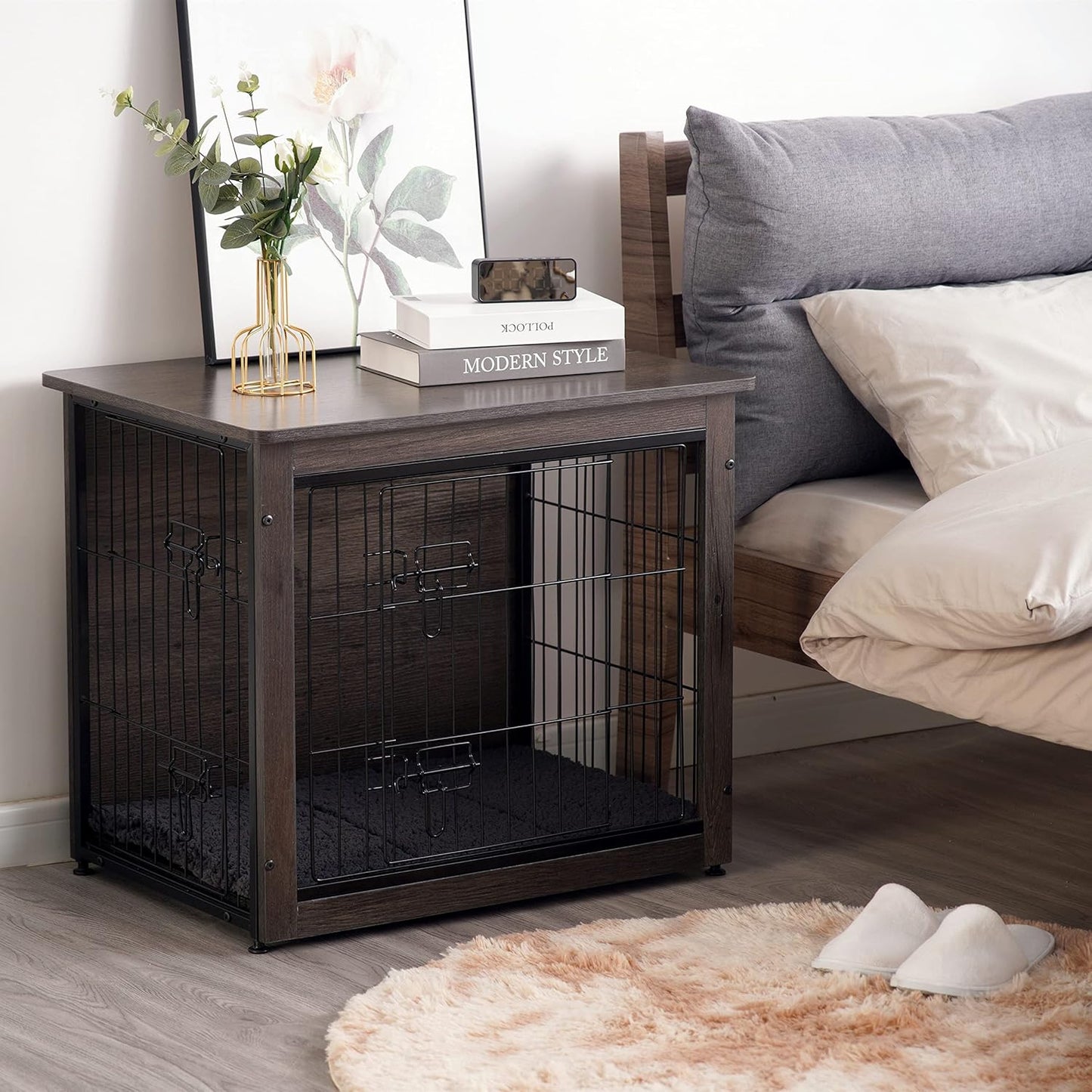 DWANTON Dog Crate Furniture with Cushion, Wooden Kennel Table with Double Doors, Indoor Dog House, Small/Medium/Large/Extra Large Size, 27.2" L, Dark Gray