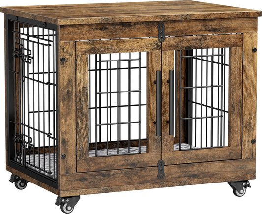 Lulive Small Dog Crate Furniture, Dog Kennel Indoor Double Doors Wooden Dog Cage, 27.1'' Heavy Duty Dog Crate with Cushion & Wheels, Decorative End Table Pet House Chew-Resistant for Small Dogs, Brown