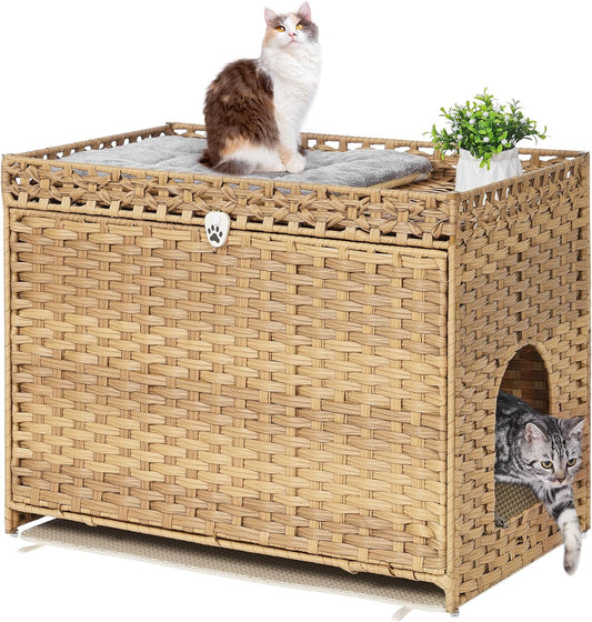 Cat Litter Box Enclosure with Soft Litter Mat; Hidden Cat Washroom Furniture with Door; Handwoven Rattan Kitten House with Large Space; Pet Crate for Living Room, Bedroom, Balcony (Natural)