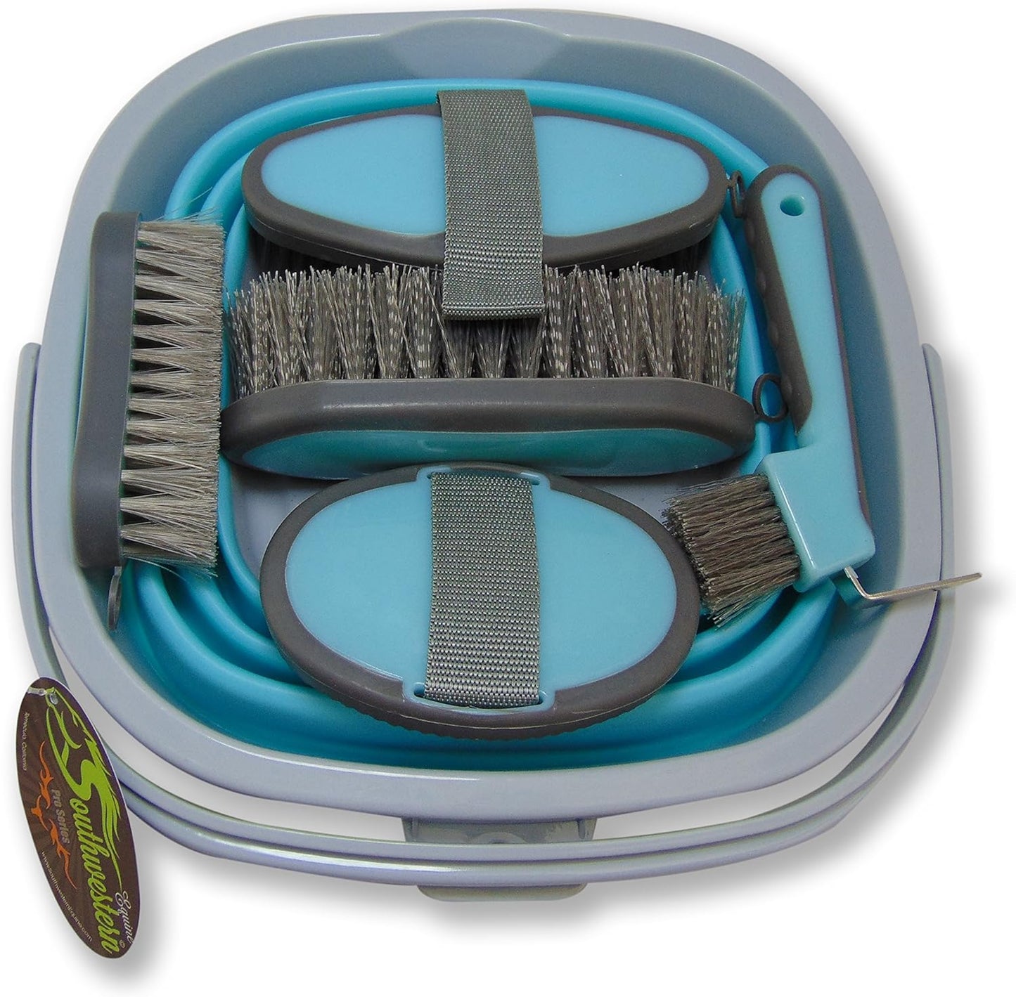 Collapsible Grooming Kit 10 Liter Bucket and 5 Grooming Tools by Southwestern Equine (Turquoise)