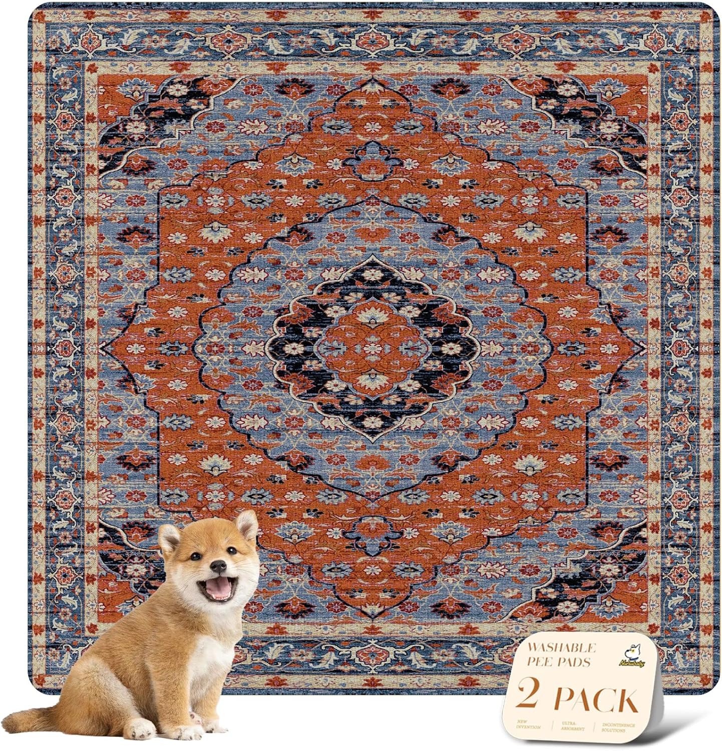 nunubaby Washable Pee Pads for Dogs, Stylish, Non-Slip and Leak-Proof Pee Pads. Reusable Potty Pads for Dogs for Crates and Floors.(Red/Multi, 48" x48")