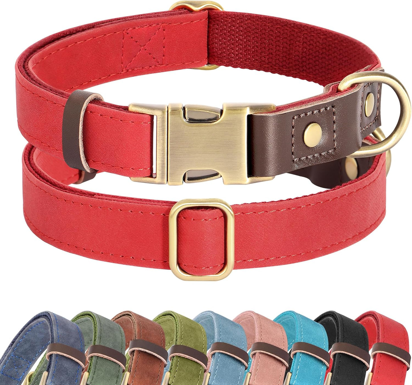Didog Soft PU Leather Dog Collars for Medium Dogs,Classic Adjustable Dog Collars with Quick Release Metal Buckle,Easy Clean and Comfortable with Nylon Lining,Red,M Neck 13-19"