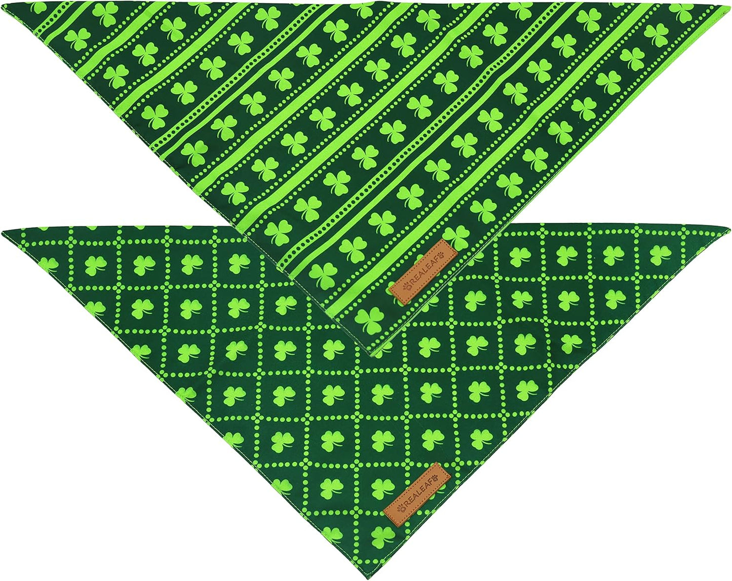 Realeaf St. Patrick's Day Dog Bandanas 2 Pack, Reversible Green Shamrock Pet Scarf for Boy and Girl, Premium Durable Fabric, Holiday Bandana for Small Medium Large and Extra Large Dogs (Small)