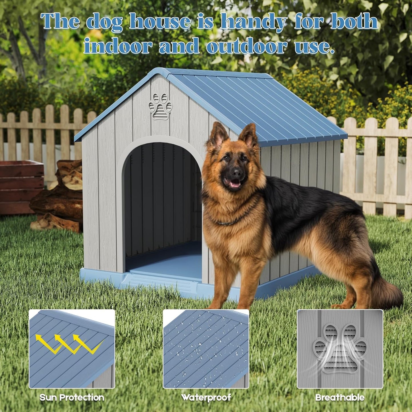 Large Dog House Outdoor Indoor for Medium Large Dogs, Durable Plastic Waterproof Doghouse with Air Vents and Elevated Floor, Easy Clean and Assemble (Blue, 36.2''L×38''W×38''H)