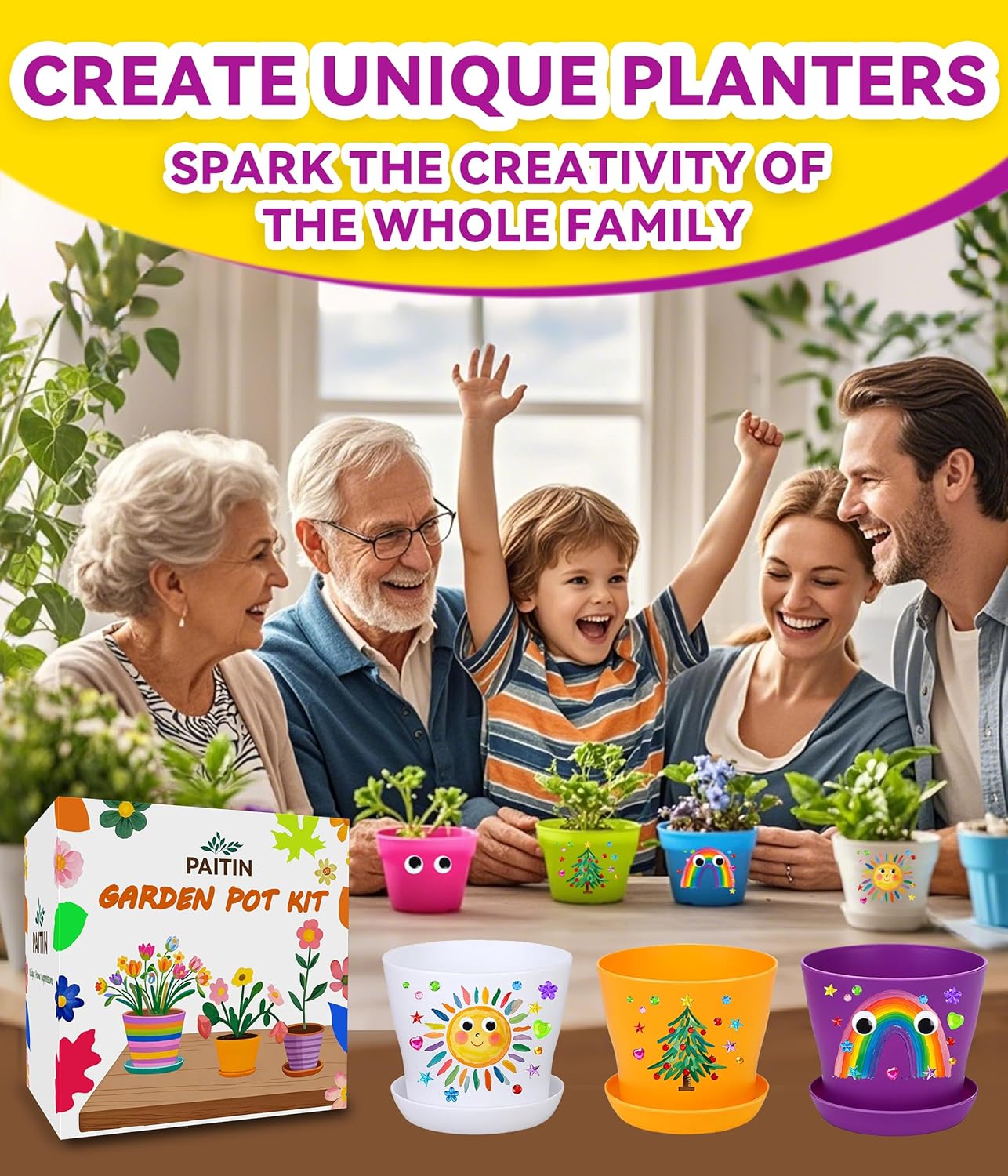 PAITIN Paint & Plant Garden Pot Craft Kit - 4 Inch Plant Pots, Kids Gardening Tools, Labels, Paints, Brushes, Gem & Eye Stickers - Perfect Spring Crafts Gifts for Women & Kids