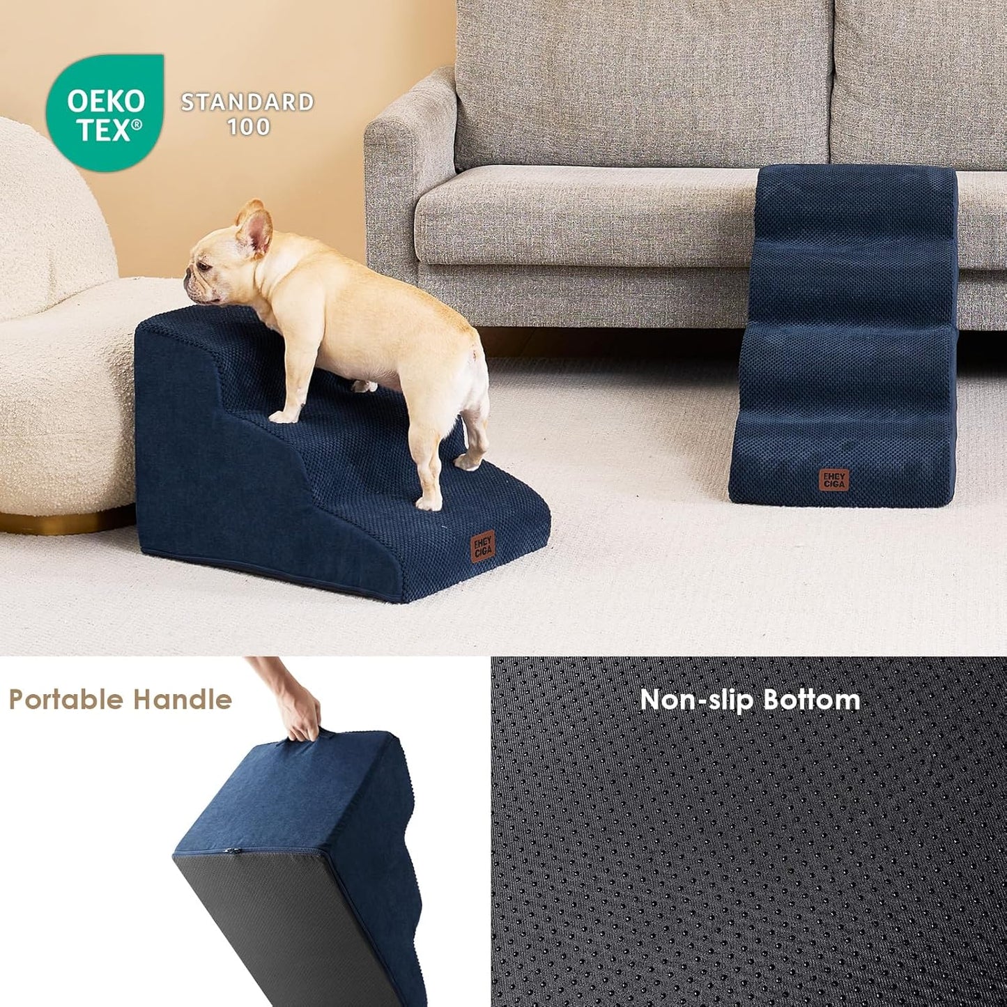 EHEYCIGA Curved Dog Stairs Ramp for Small Dogs 15.7" H, 3-Step Dog Steps for Couch Sofa and Chair, Pet Stairs for Cats, Non-Slip Balanced Pet Steps Indoor, Navy