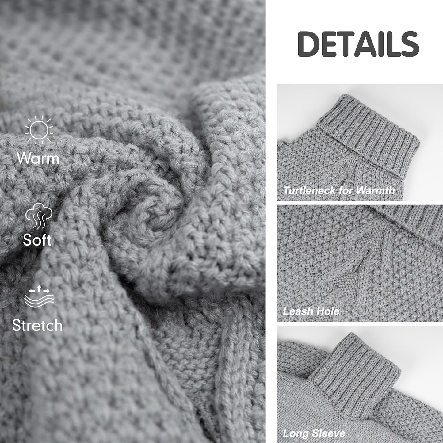 cyeollo Small Dog Sweater with Leash Hole Turtleneck Knitted Warm Dog Clothes Puppy Sweaters for Small Dogs, Grey S