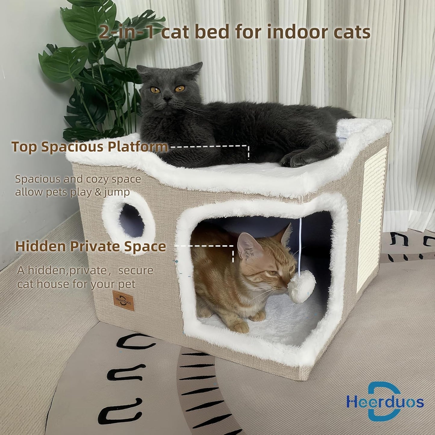 Cat Bed for Indoor Cats,Covered Cat Cave House & Furniture with Scratch Pad,Foldable Cat Hideaway Hut Cute Cat Condo with Soft Washable Mat for Multi Small Pet Under 30 lbs,Khaki