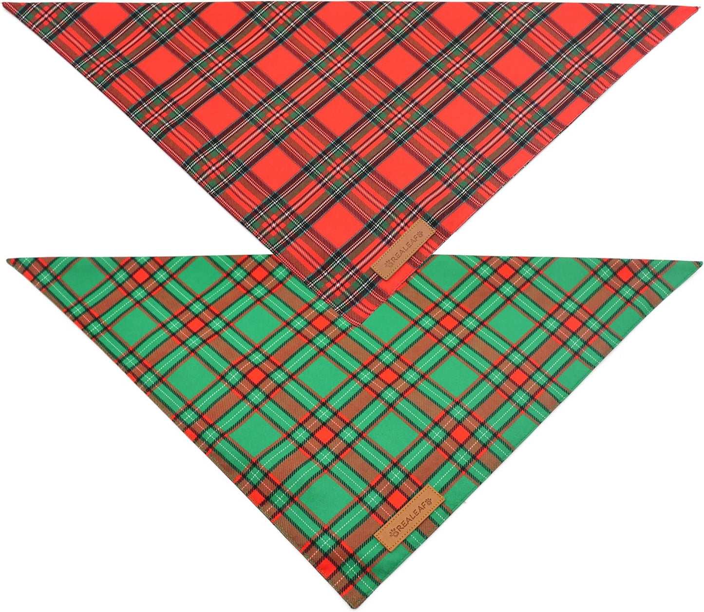 Realeaf Christmas Dog Bandanas 2 Pack, Reversible Red Green Plaid Dog Scarf, Xmas Pet Bandana for Boy and Girl, Premium Durable Fabric, Holiday Check Bandana for Medium and Large Dogs Pets (Large)