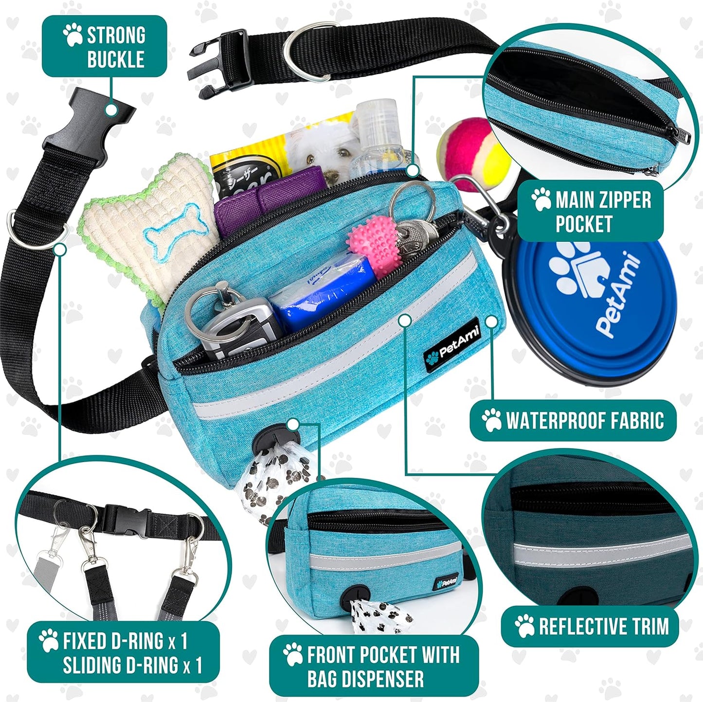 PetAmi Hands Free Dog Leash, Running Leash Belt for Walking, Jogging, Waist Zipper Pouch with Poop Bag Dispenser, Dual Padded Handles, Reflective Durable Bungee Single, Turquoise, 1