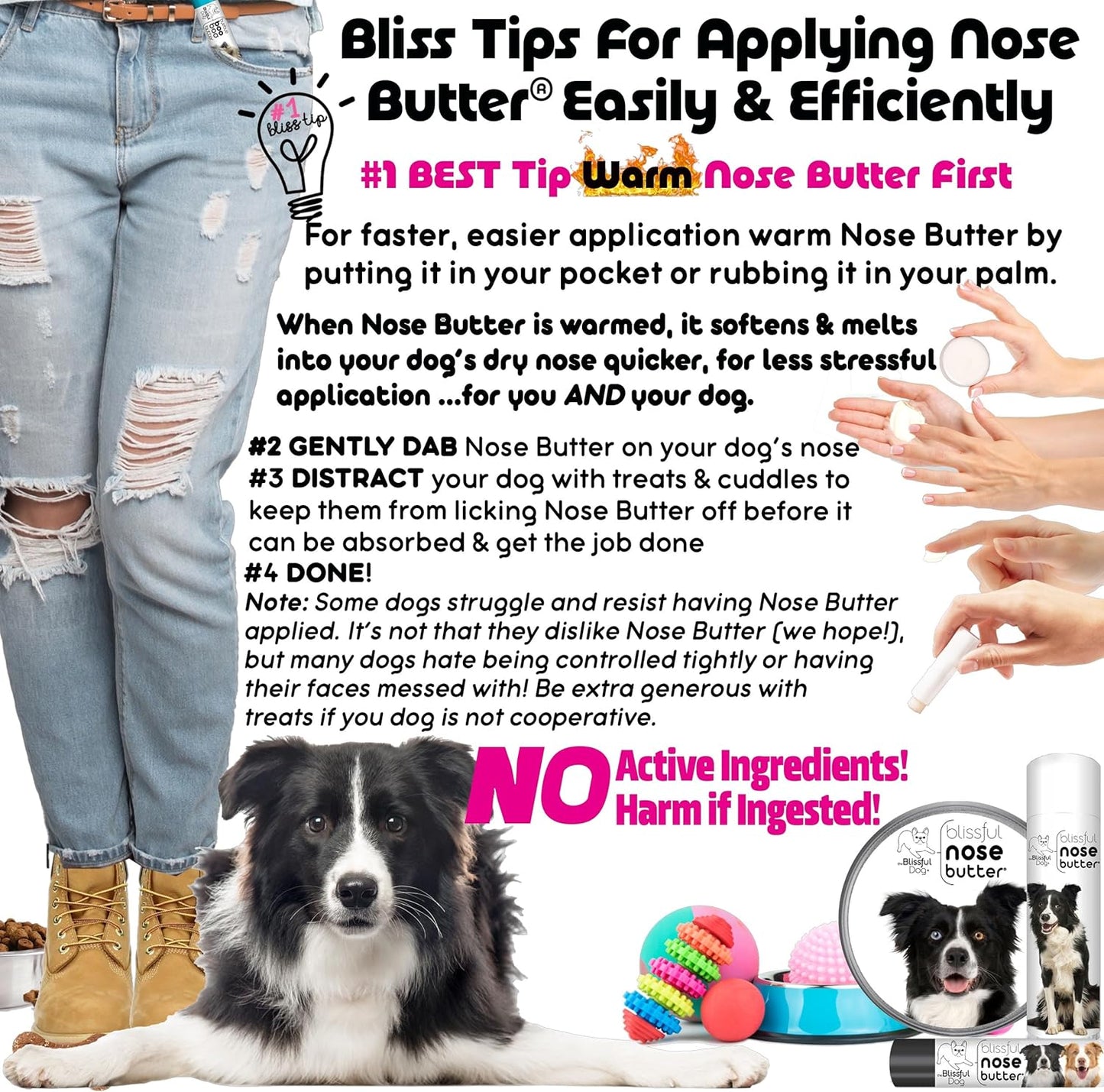 The Blissful Dog Border Collie Nose Butter for Dry, Cracked Skin, Lick-Safe Dog Nose Balm with Moisturizing Shea Butter, Almond, Olive, and Essential Oils, Pet Supplies, Uncented, 4 oz.