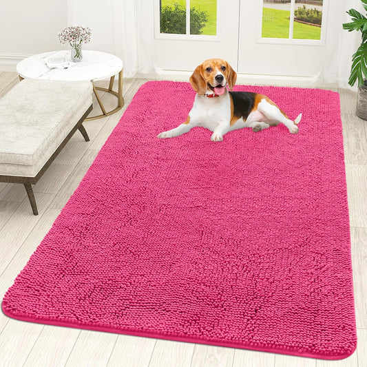 OLANLY Dog Door Mat for Muddy Paws 59x35, Absorbs Moisture and Dirt, Absorbent Non-Slip Washable Doormat, Quick Dry Chenille Mud Mat for Dogs, Entry Indoor Entryway Carpet for Inside Floor, Hot Pink