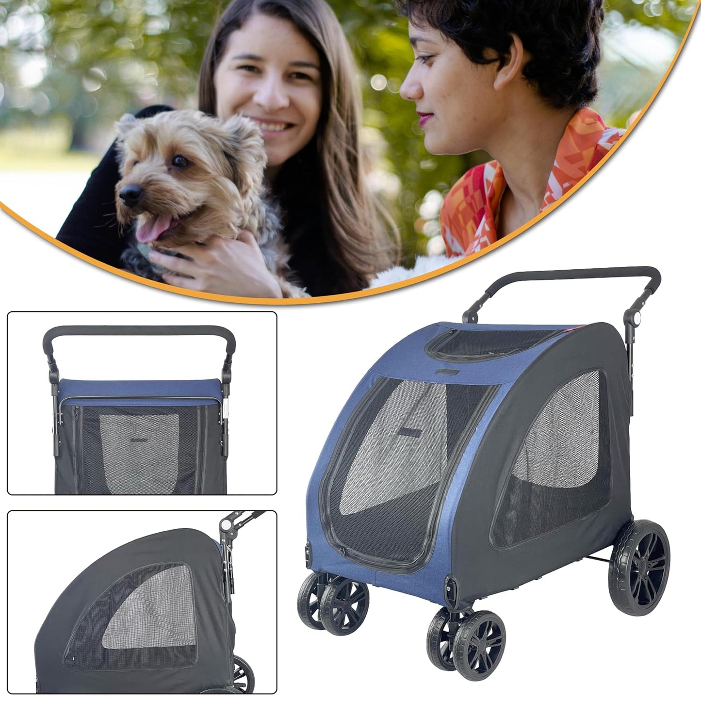 Extra Large Dog Stroller for Medium & Large Pets - Foldable Design, Adjustable Handle, Up to 130 lbs(Blue)