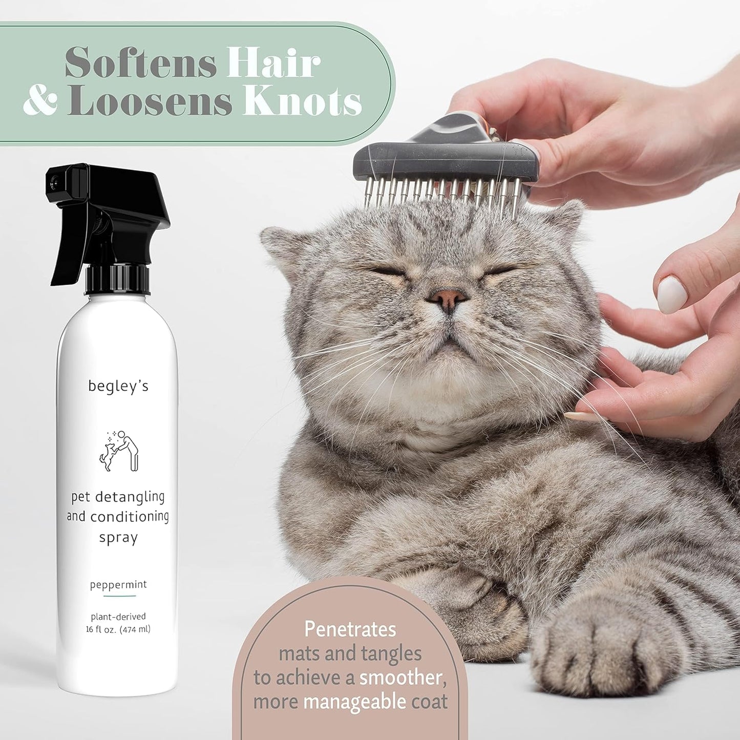 Begley's Pet Detangling Spray - Premium Essential Oil Scented Detangler Spray for Dogs, Puppies & Cats - Dog Leave in Conditioner Spray - Dematting Spray for Dogs & Pets - 16 oz, Peppermint