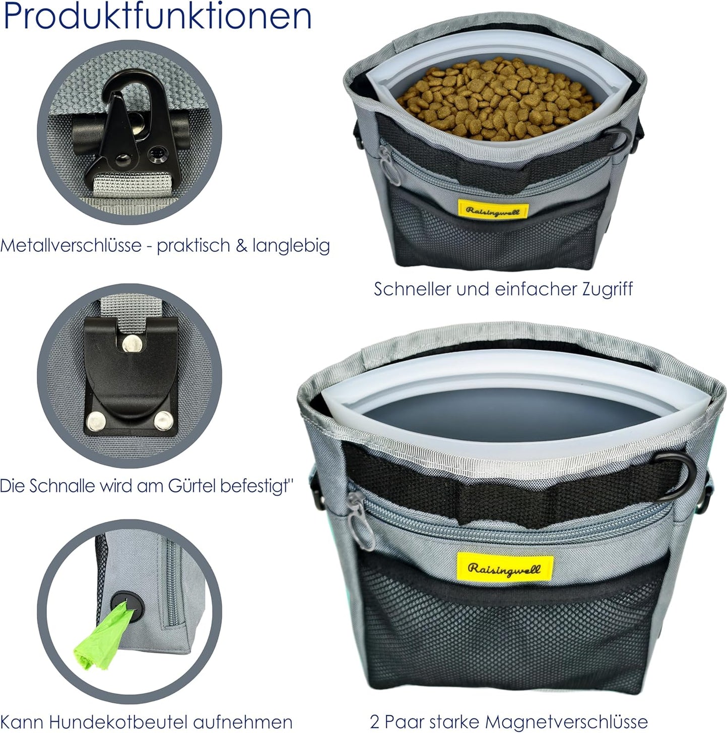 Dog Treat Pouch with Magnetic Closure 4-Cup Silicone Bag Fanny Pack Holder with Clicker 4 Ways to Wear Front Pocket Fits All Phones Ideal for Leash, Pet Walking and Training（Gray）