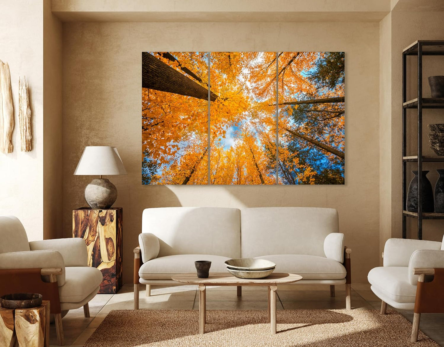 Nature Wall Art Prints - Ocean Forest Mountain Lake Canvas Landscapes - Small to Extra Large Living Room Bedroom Kitchen Bathroom Décor (Blue Sky Through Yellow Autumn Trees, 55L" x 83W"- 3 Panels)