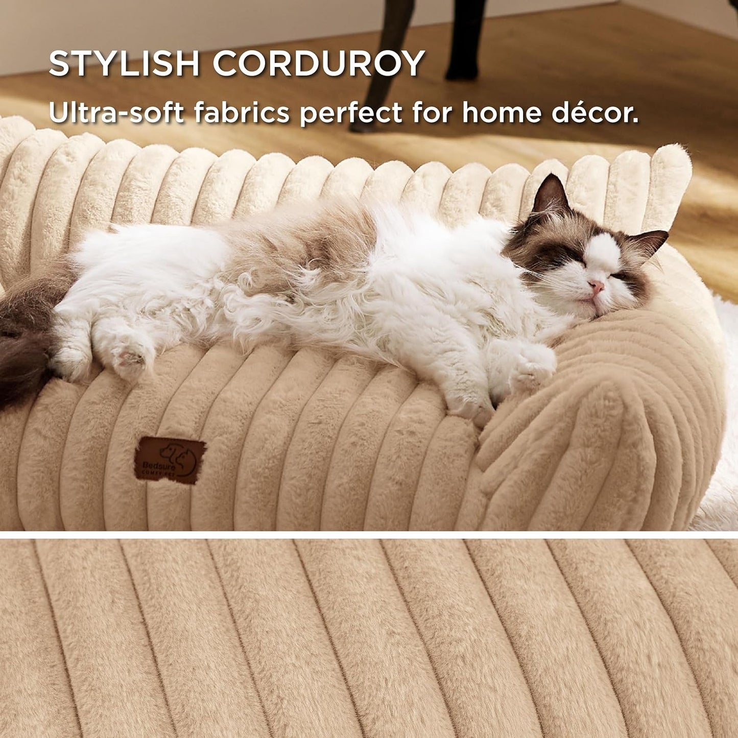 Bedsure Cute Cat Couch for Pets - Fluffy Small Dog Sofa with Premium Soft Corduroy Fleece, Pet Sofa with Removable Washable Cover, Supportive Dog Couch Bed for Small Medium Dogs, 30inch, Tuscan Beige