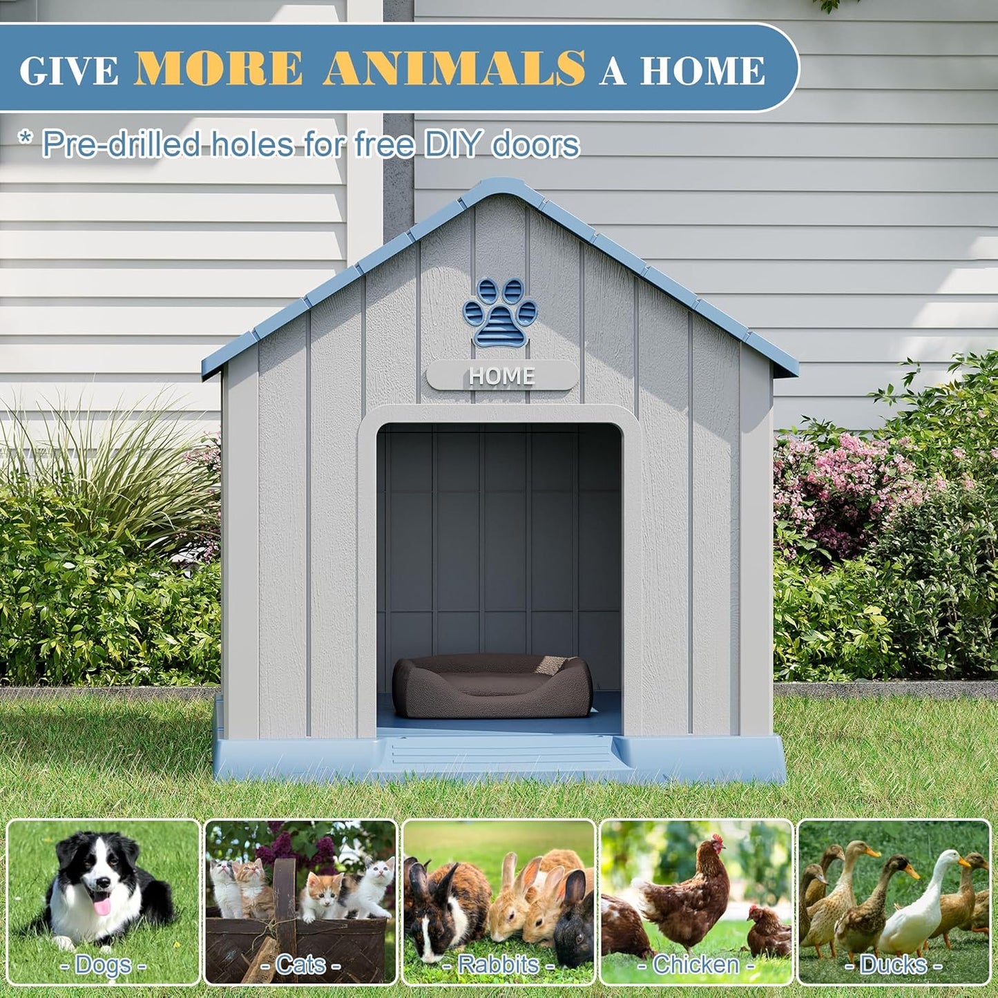 Large Dog House Outdoor Indoor for Medium Large Dogs, Durable Plastic Waterproof Doghouse with Air Vents and Elevated Floor, Easy Clean and Assemble (Blue, 37.2" L x 40" W x 40" H)