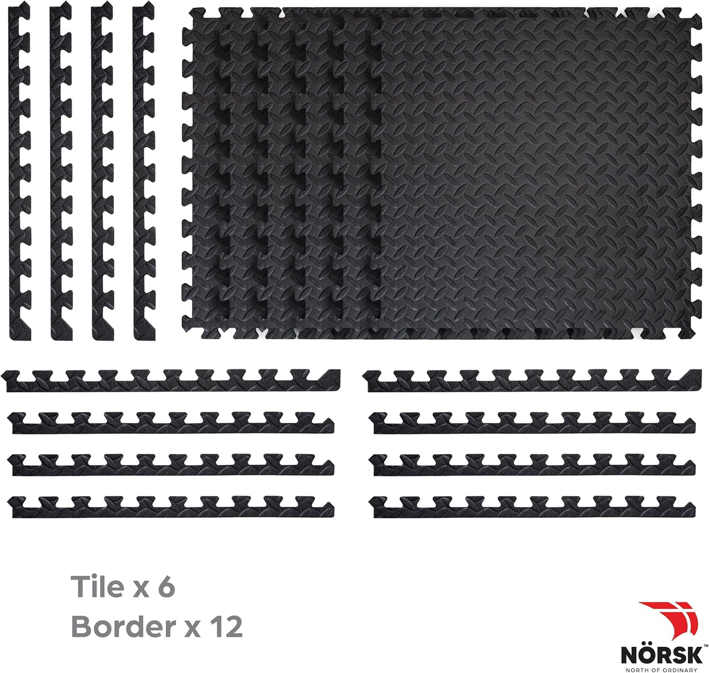 Norsk Foam Floor Gym Mats with Interlocking Tiles, .47" Thick, 24"x24", 48-Pack, 192 Square Feet, Diamond Plate Design, Black