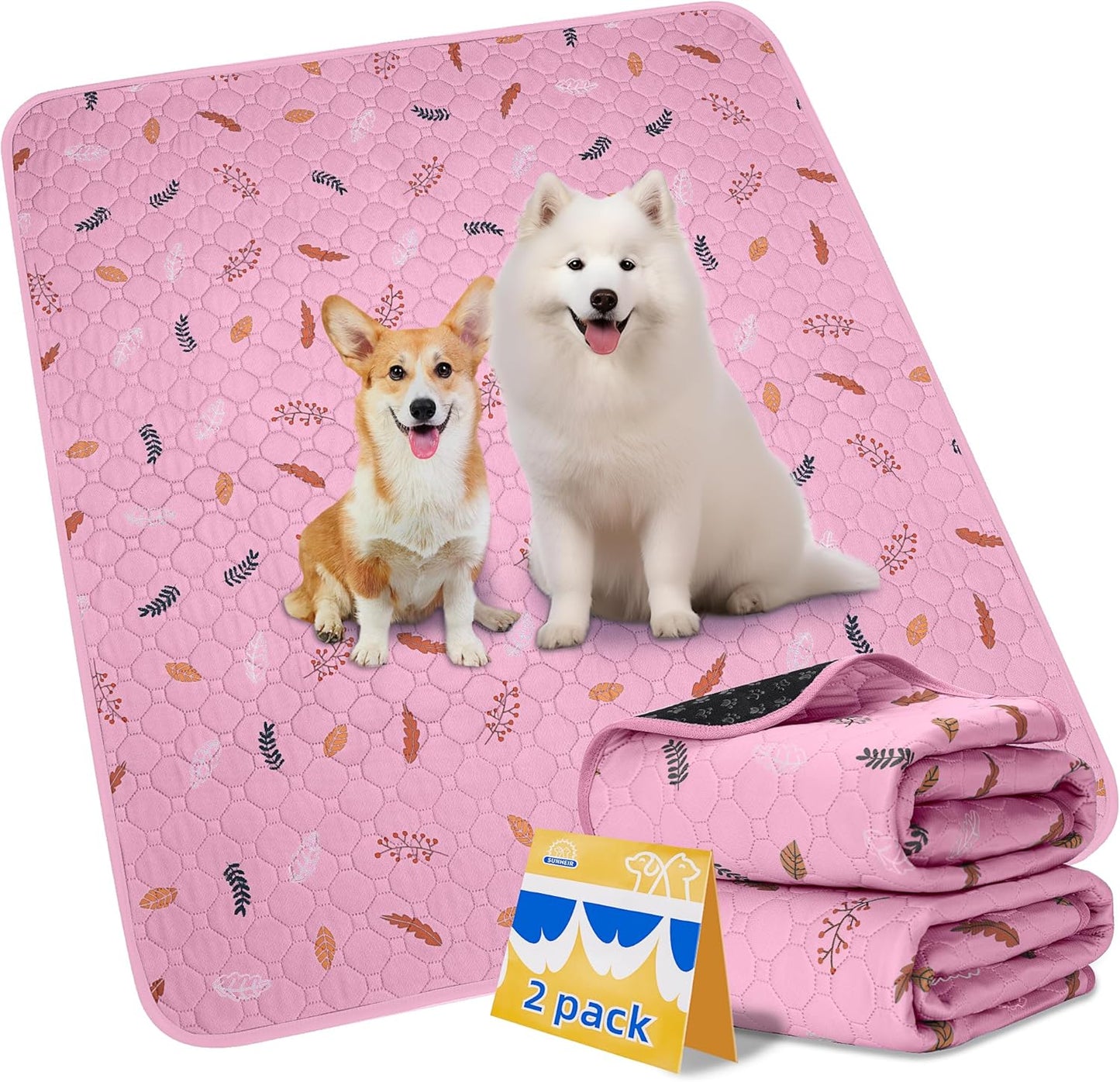 Sunheir Washable Pee Pads for Dogs 2-Pack Reusable Puppy Pads Pet Training Pads, Waterproof Dog Pee Pads for Crate, Whelping Pad, Non-Slip Protects Against Urine Leakage (Leaves - Pink, 31x36)