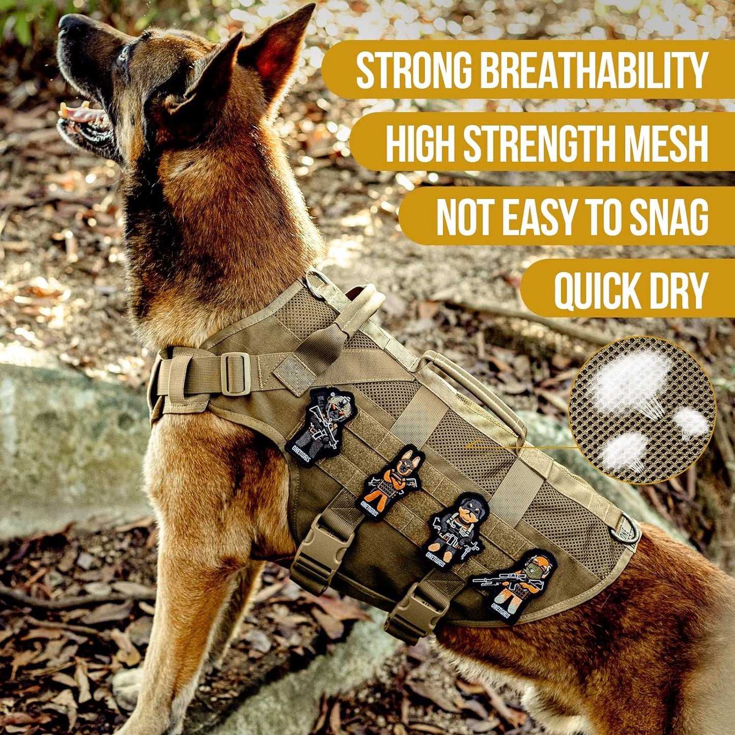 OneTigris No Pull Tactical Dog Harness for Medium Large Dog, Mesh Design Breathable Service Dog Vest with Handle, Military Dog Vest Harness with Molle Panels for Walking Hiking Training (XL, Brown)