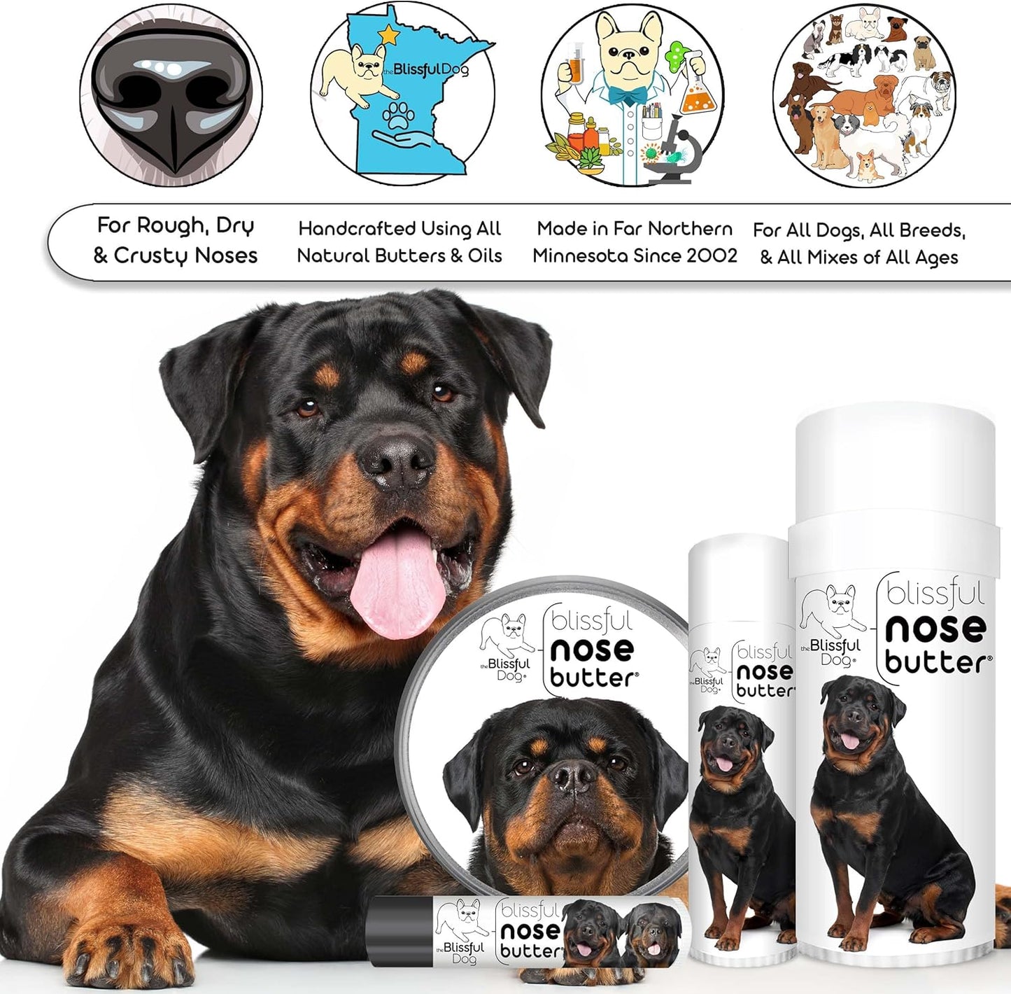 The Blissful Dog Rottweiler Nose Butter for Dry, Cracked Skin, Lick-Safe Dog Nose Balm with Moisturizing Shea Butter, Almond, Olive, and Essential Oils, Pet Supplies, Uncented, 1 oz.