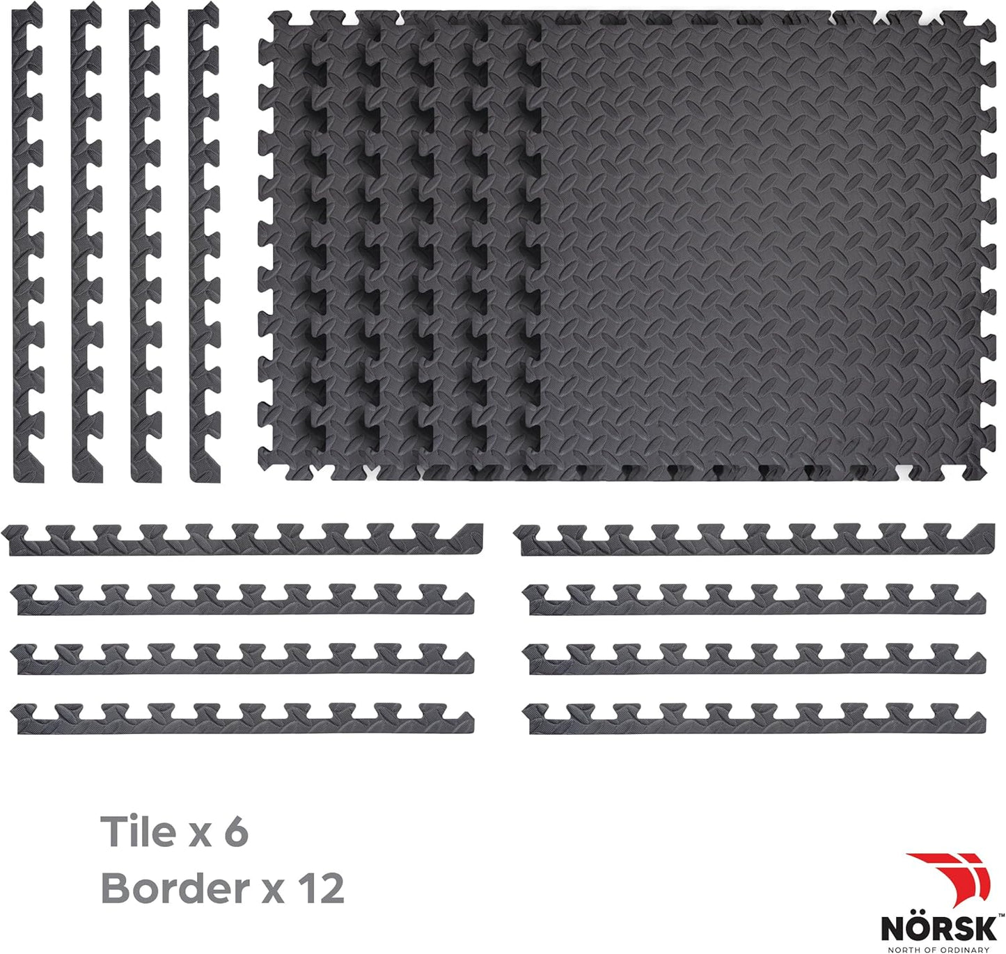 Norsk Foam Floor Gym Mats with Interlocking Tiles, .47" Thick, 24"x24", 36-Pack, 144 Square Feet, Diamond Plate Design, Grey