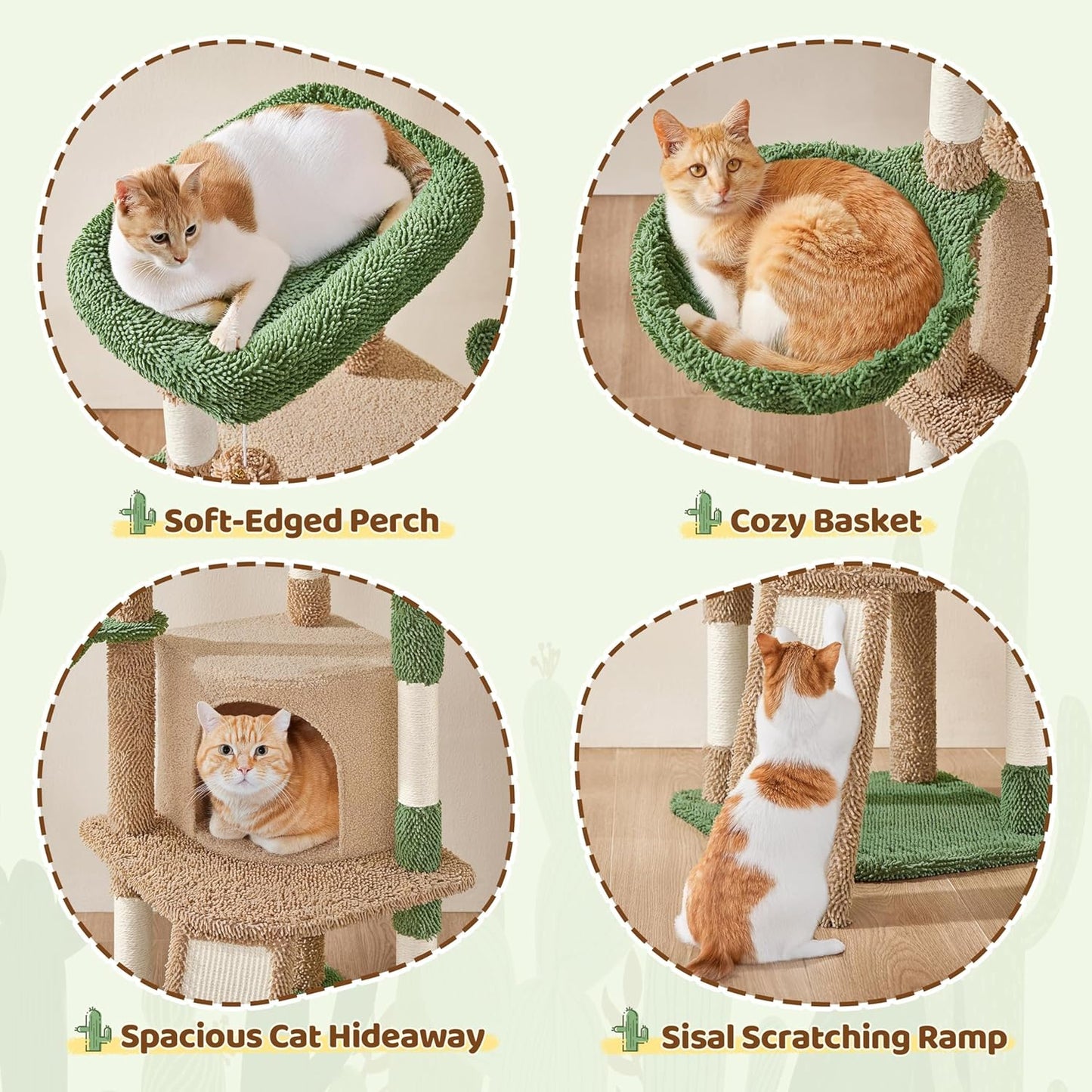 Yaheetech Cactus Cat Tree, 42in Cat Tower for Indoor Cats, Multi Level Kitten Condo Scratching Post, Pet Activity Center Furniture w/Ball, Plush Perch, Platform, Basket, Brown/Green