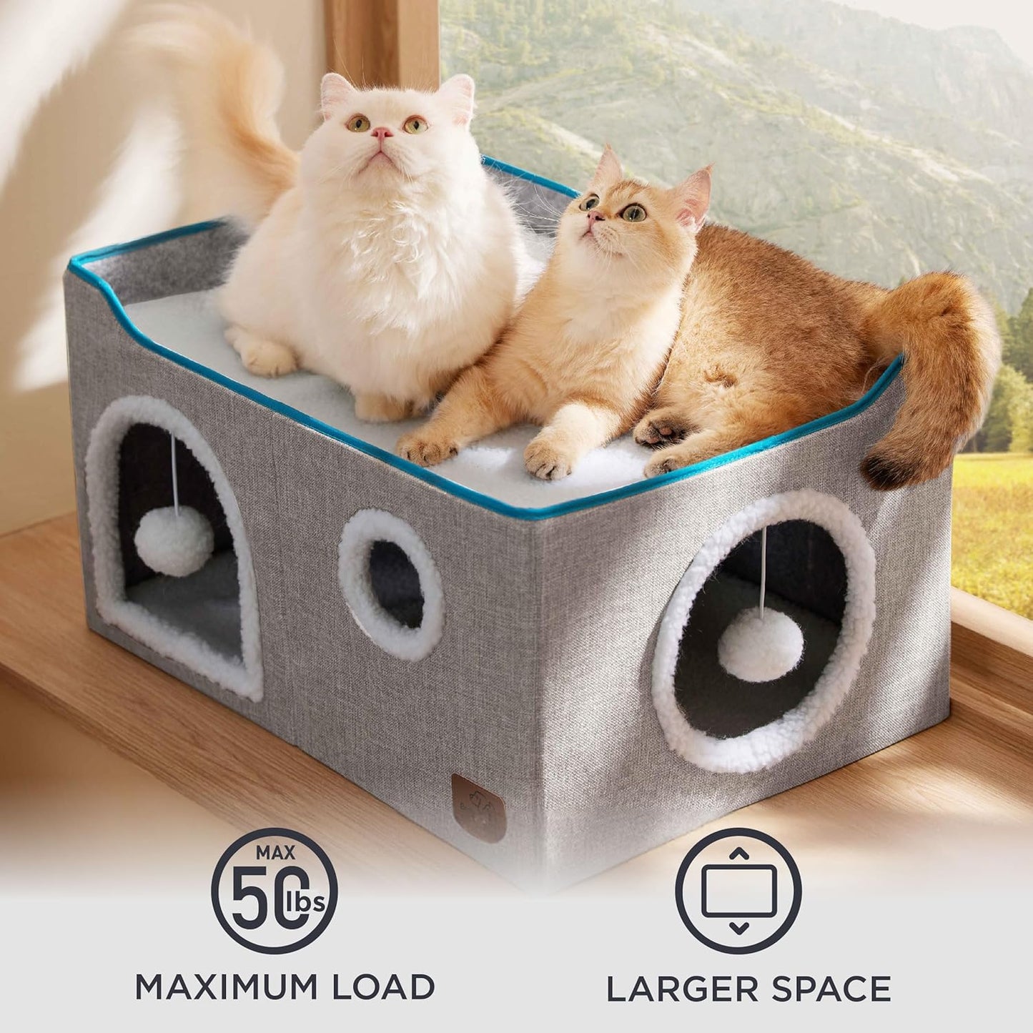 Bedsure Large Cat Beds for Indoor Cats - Extra Wide Cat Cube House for Small Pet with Fluffy Ball Hanging and Scratch Pad, Foldable Pet Cave Hideaway for Multiple Cats, 23.6x16.9x13 inches, Grey