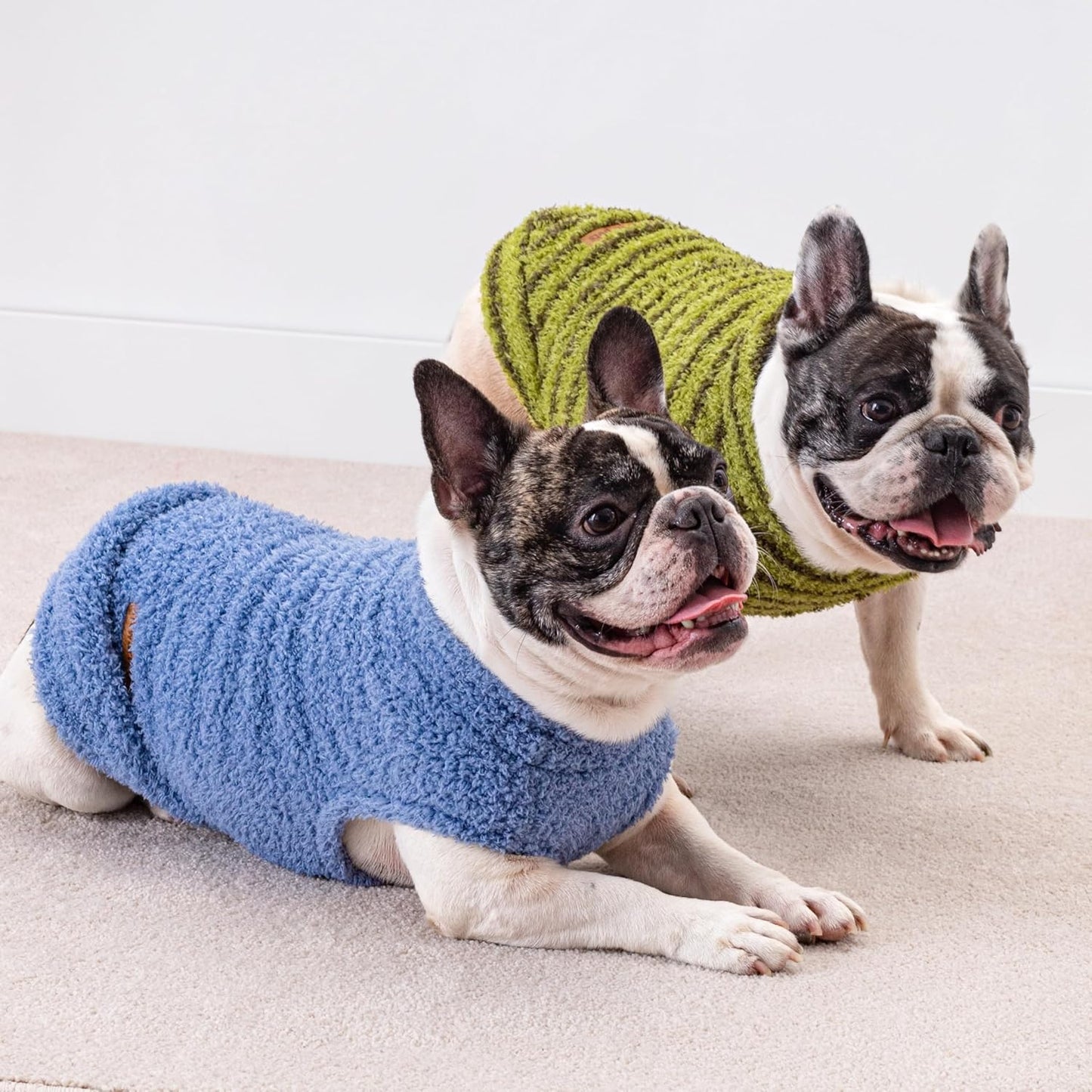 Fitwarm 2 Pack Striped Fleece Dog Sweater, Warm Winter Clothes for Small Dogs Boy Girl, Fuzzy Pet Outfit, Sky Blue, Olive Green, Small