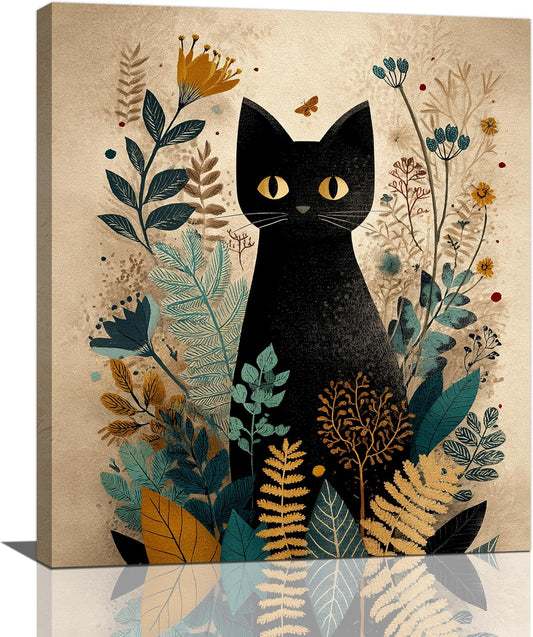 Boho Black Cat Wall Art Kitten Botanical Wall Decor Mid Century Modern Canvas Painting Print Minimalist Pictures Artwork Framed Decorations Gifts for Cat Lover Bathroom Nursery Living Room Bedroom Kitchen 24"x20"