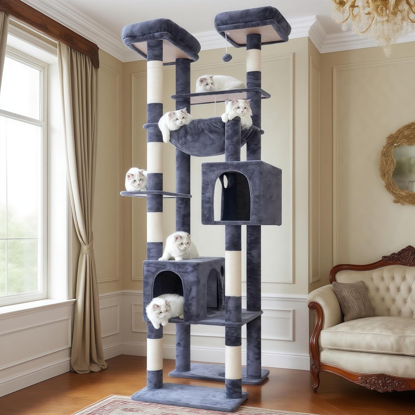 Hey-brother Tall Cat Tree Tower, Heavy Duty Scratching Posts with Large Platforms, Cozy Condos, Big Hammock, Toy Balls, Multi-Level Furniture for Indoor Adult Cats, 80.7 Inches, Smoky Gray MPJ039G