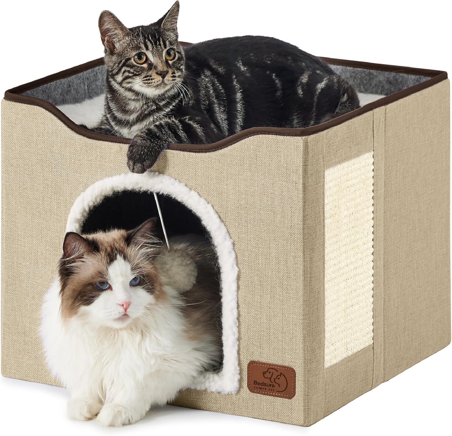 Bedsure Cat Beds for Indoor Cats - Large Cat Cave for Pet Cat House with Fluffy Ball Hanging and Scratch Pad, Foldable Cat Hideaway, 16.5x16.5x13 inches, Brown
